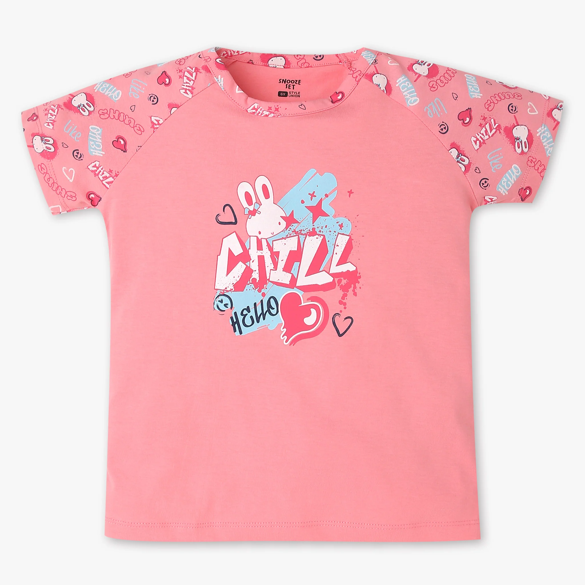 Girls Cotton Printed T-Shirt with Trackpant Snooze Set - Image 2