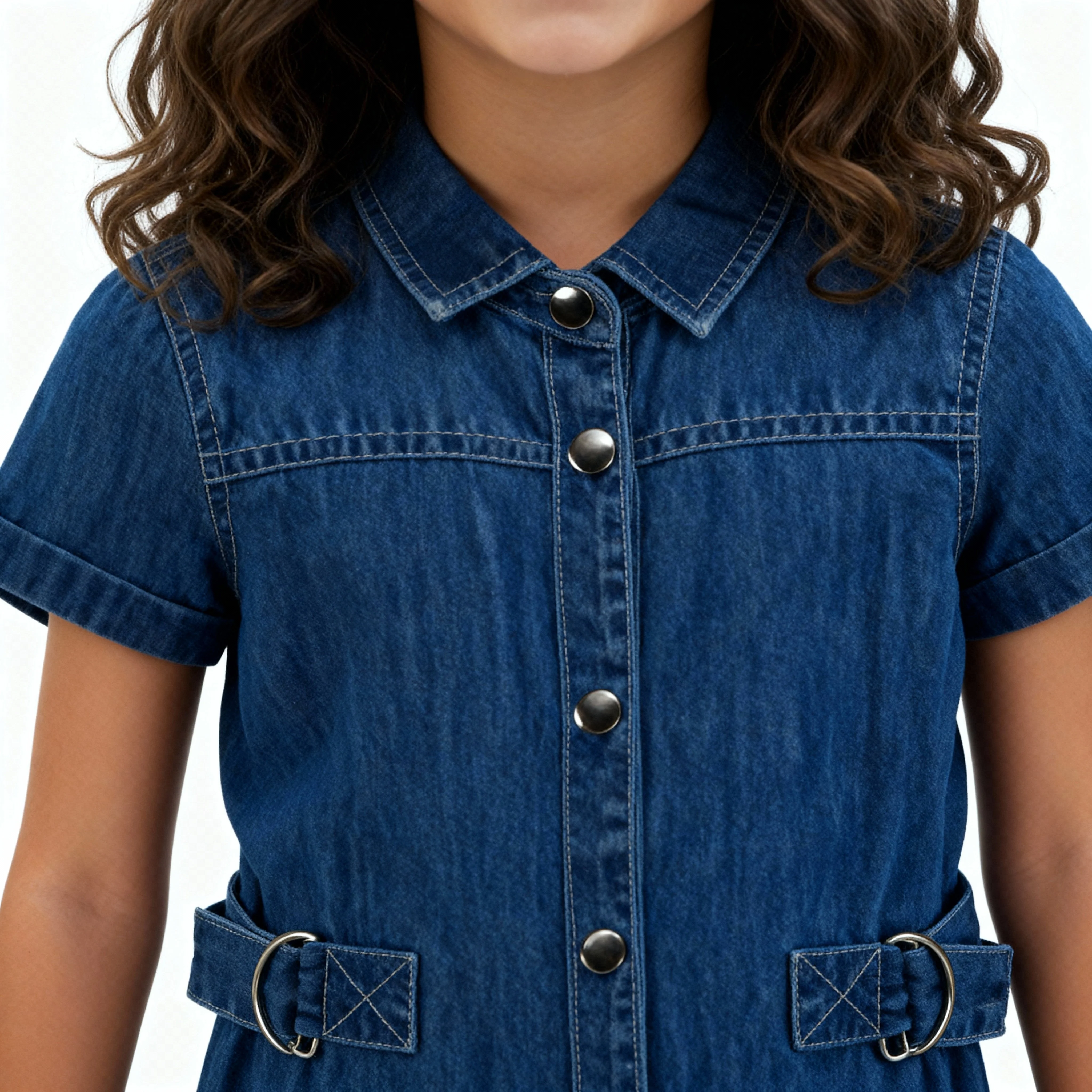 Girls Denim Dress With Belt Detail And Front Button Placket - Image 4