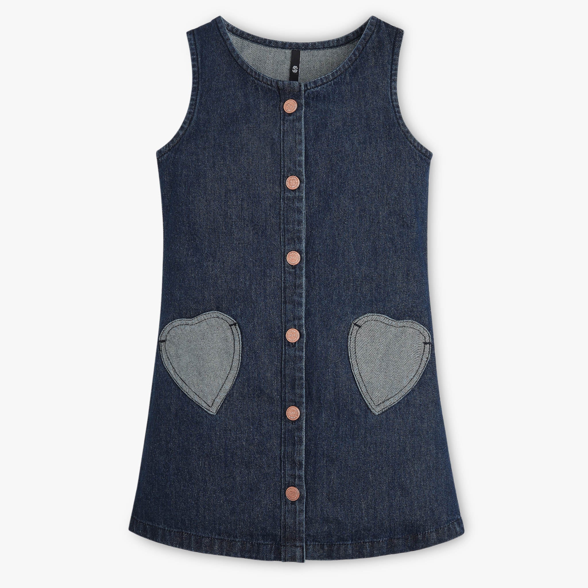 Girls Denim Pinafore Dress With Heart Patch Pocket