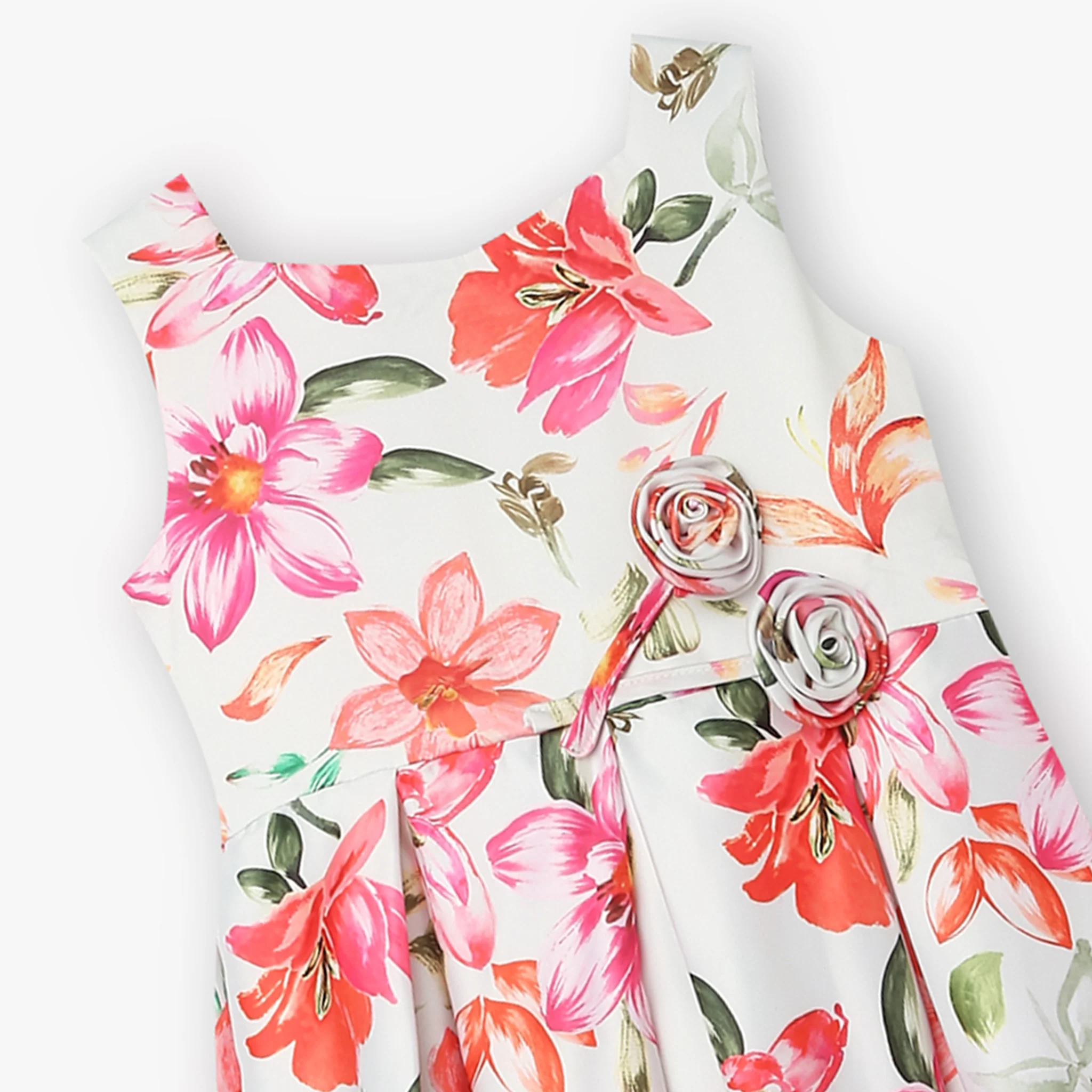 Girls Floral Print Satin Party Frock - Image 3