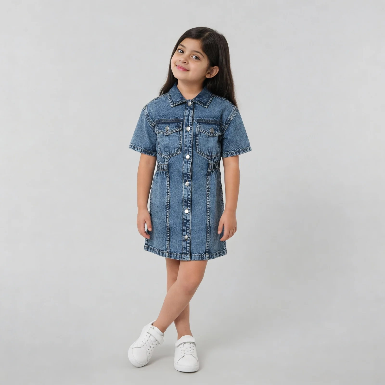 Girls Heavily Washed Denim Dress - Image 2