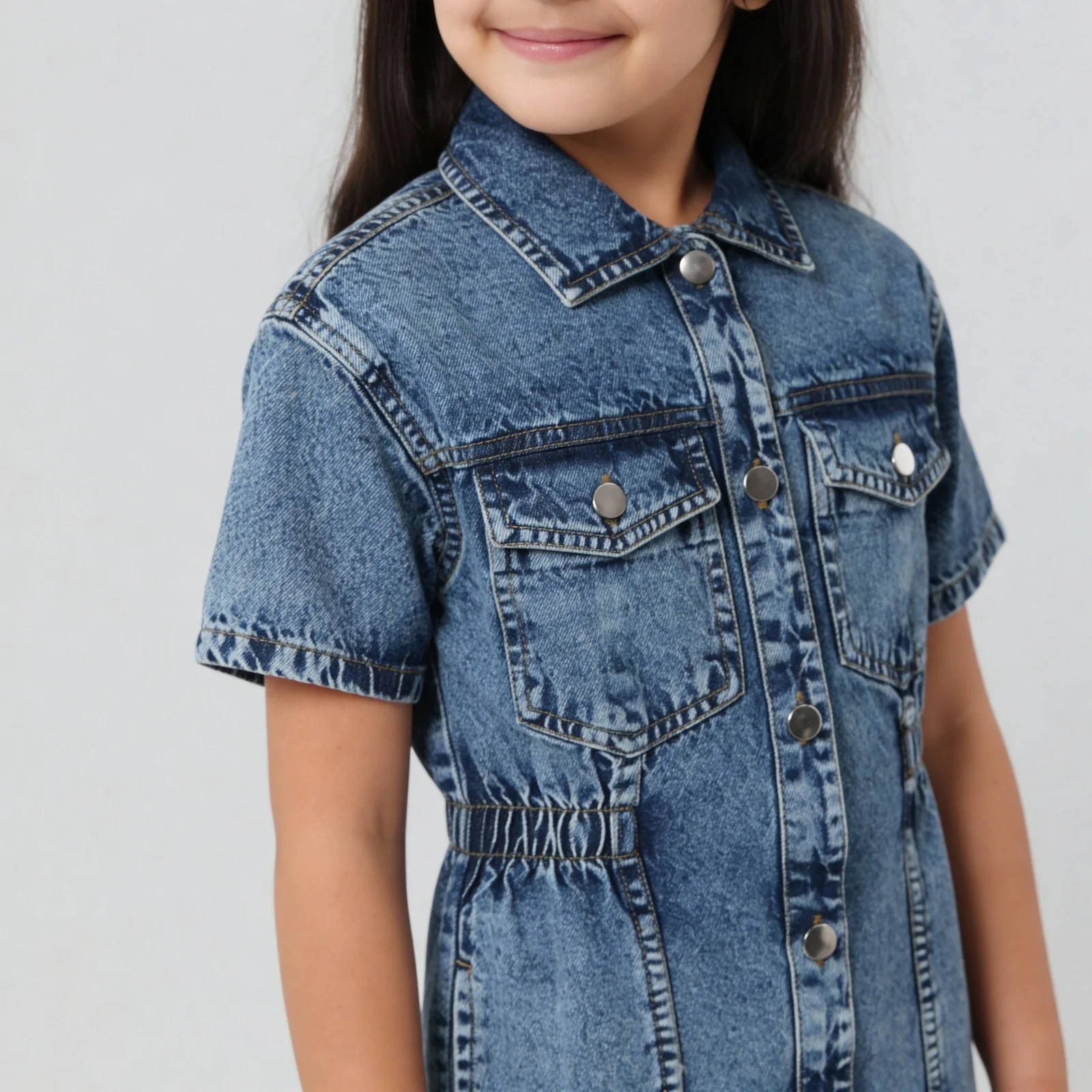 Girls Heavily Washed Denim Dress - Image 4
