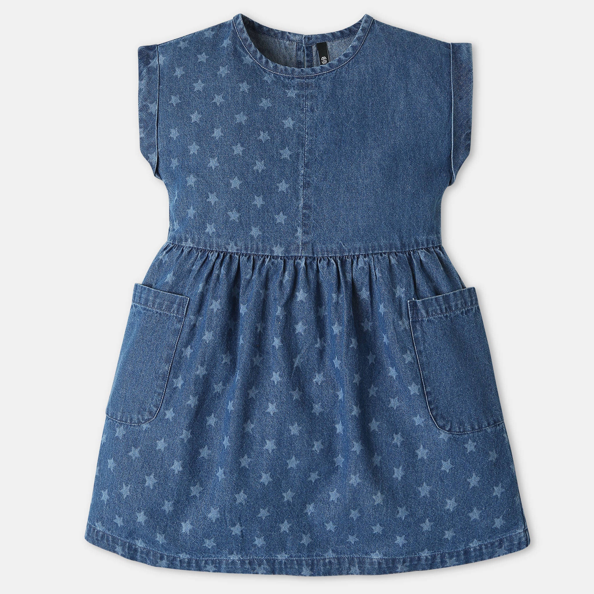 Girls Knee Length Crew Neck Star Printed Denim A-Line Dress With Side Pocket
