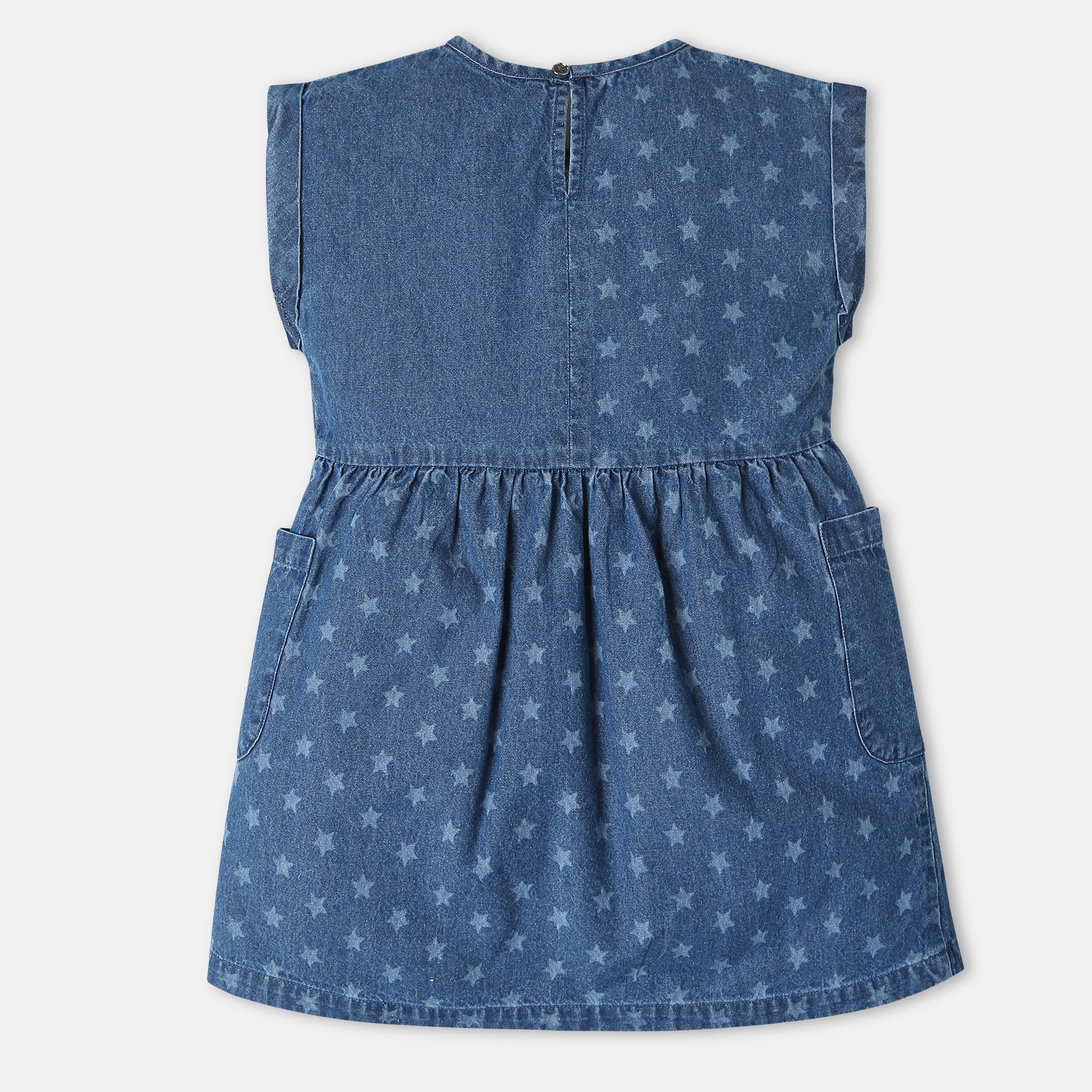 Girls Knee Length Crew Neck Star Printed Denim A-Line Dress With Side Pocket - Image 2