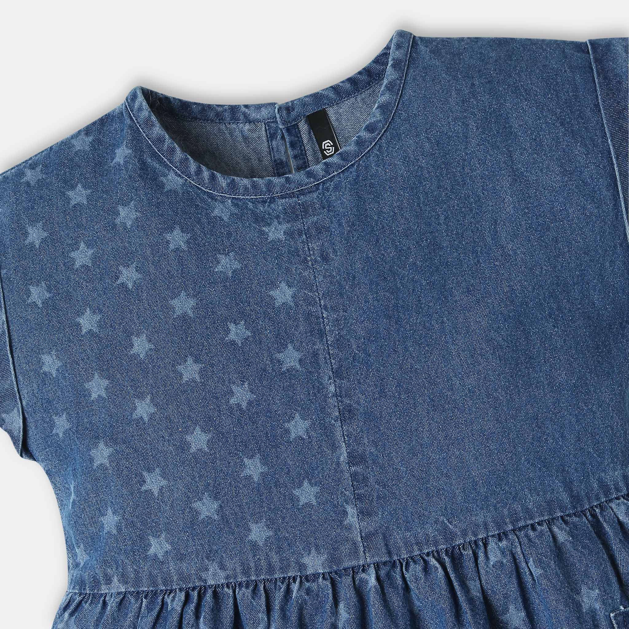 Girls Knee Length Crew Neck Star Printed Denim A-Line Dress With Side Pocket - Image 3