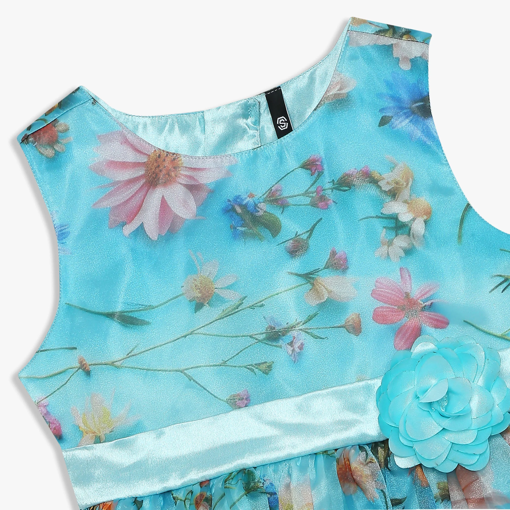 Girls Knee Length Printed Organza Party Dress - Image 3