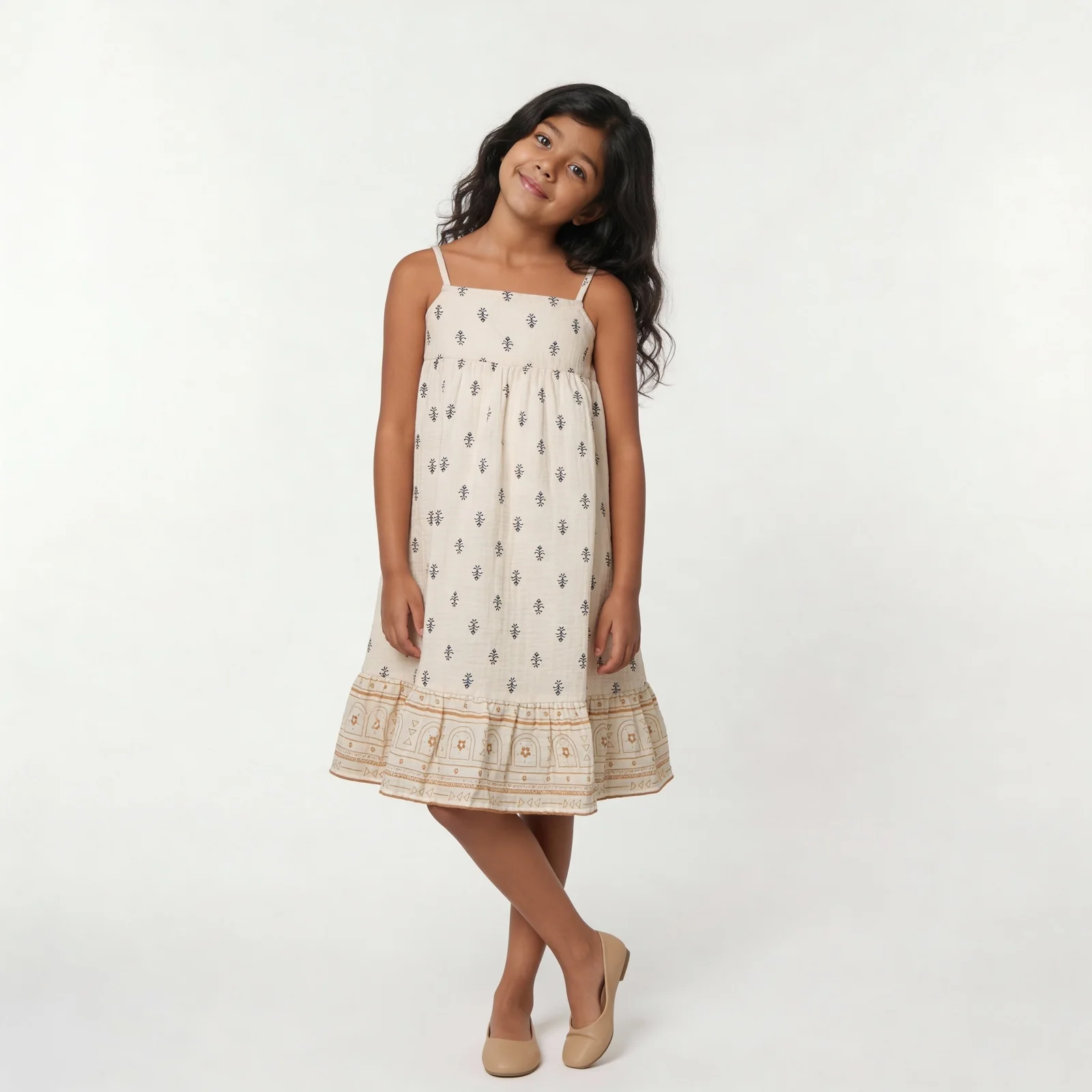 Girls Printed Calf Length Boho Dress - Image 2