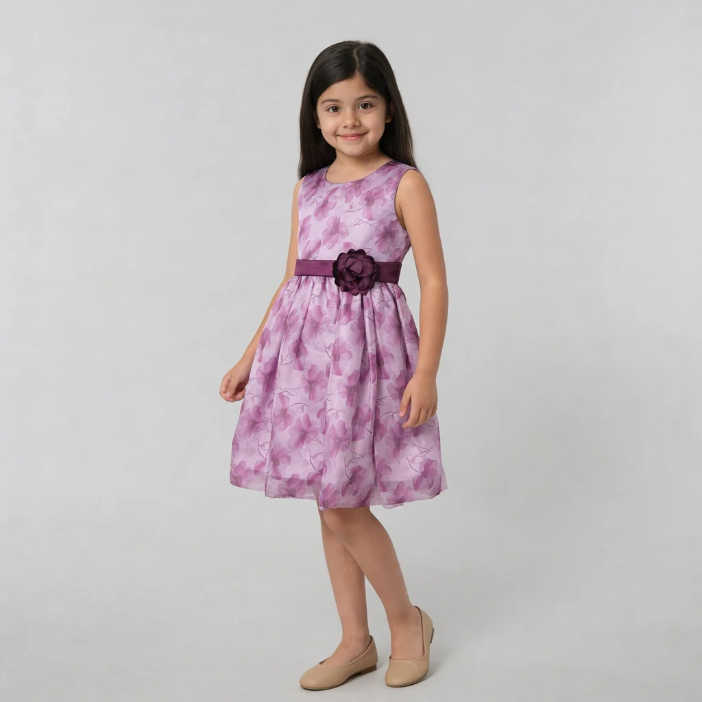 Girls Printed Flared Satin Party Frock - Image 5