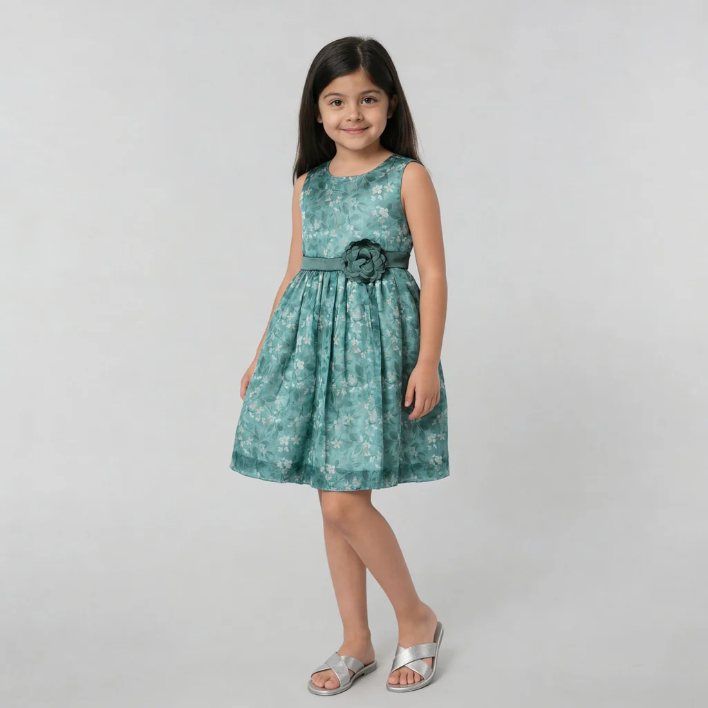 Girls Printed Flared Satin Party Frock