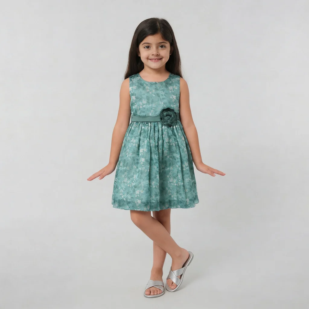 Girls Printed Flared Satin Party Frock - Image 2