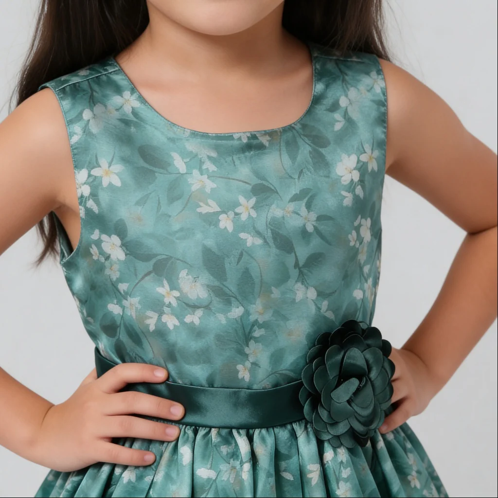 Girls Printed Flared Satin Party Frock - Image 4