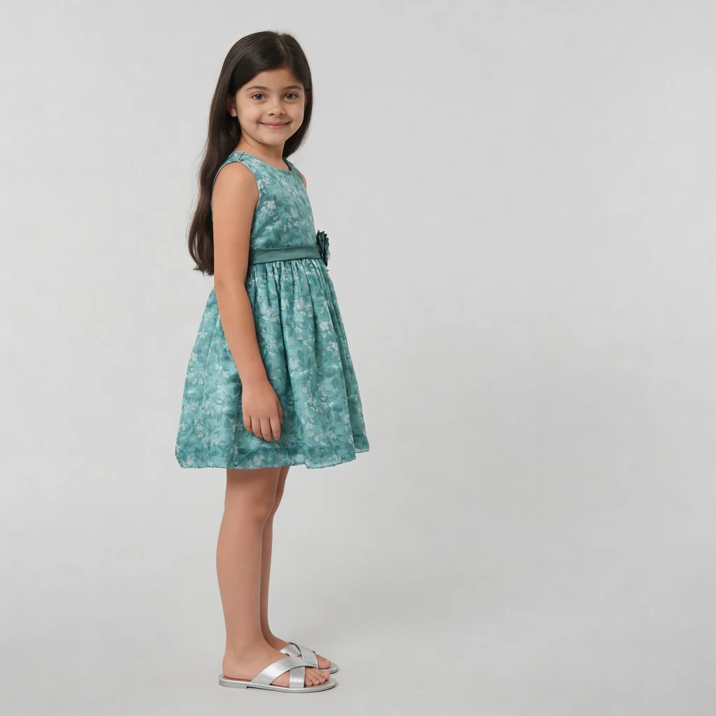 Girls Printed Flared Satin Party Frock - Image 5