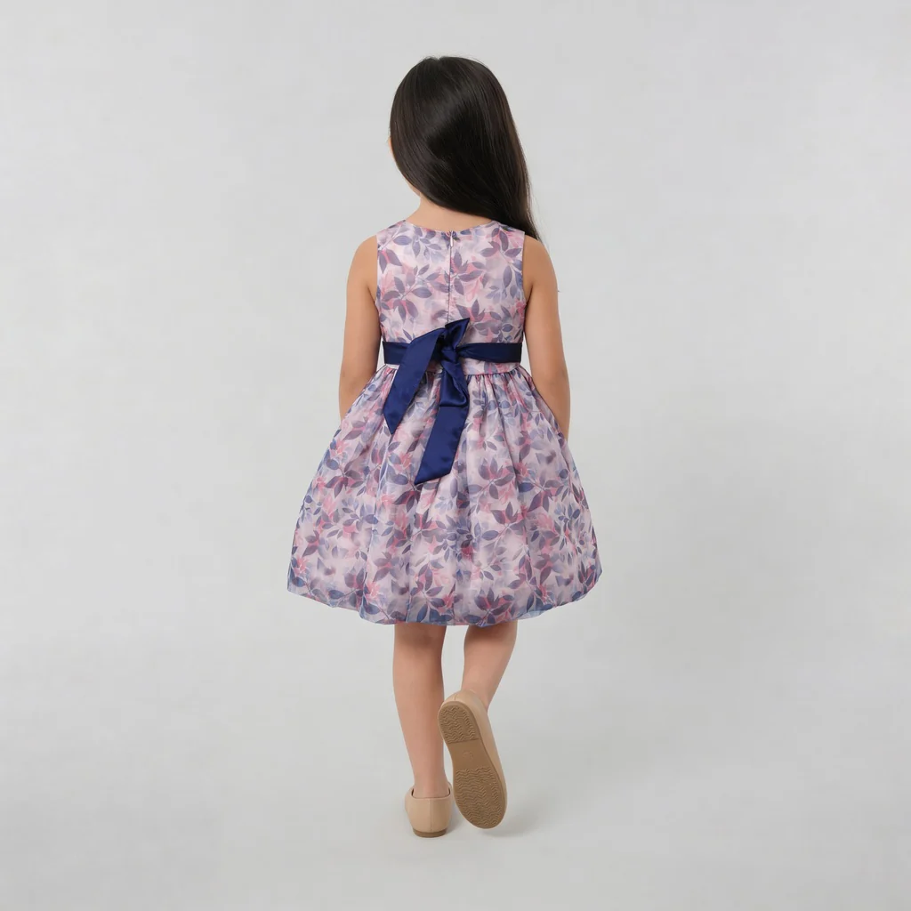 Girls Printed Flared Satin Party Frock - Image 3
