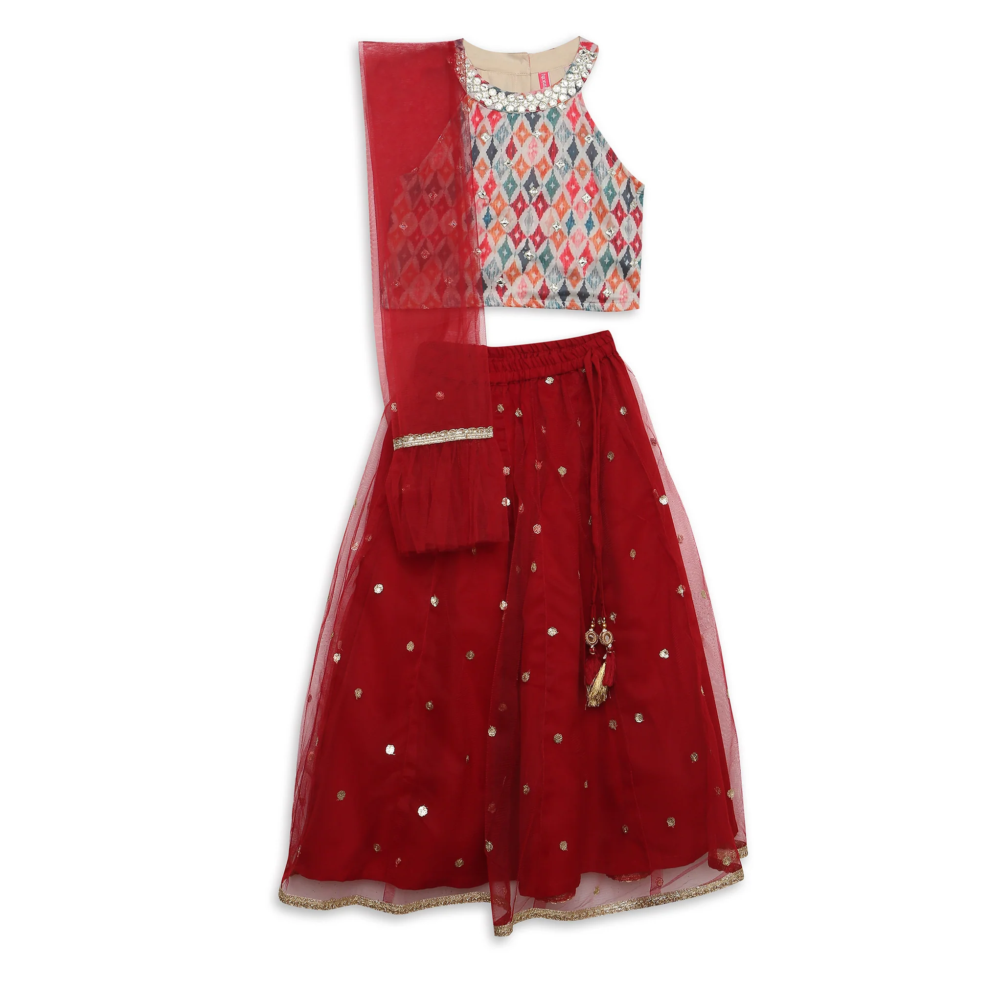 Girls Regular Fit Embellished Crop Top And Skirt With Dupatta Set