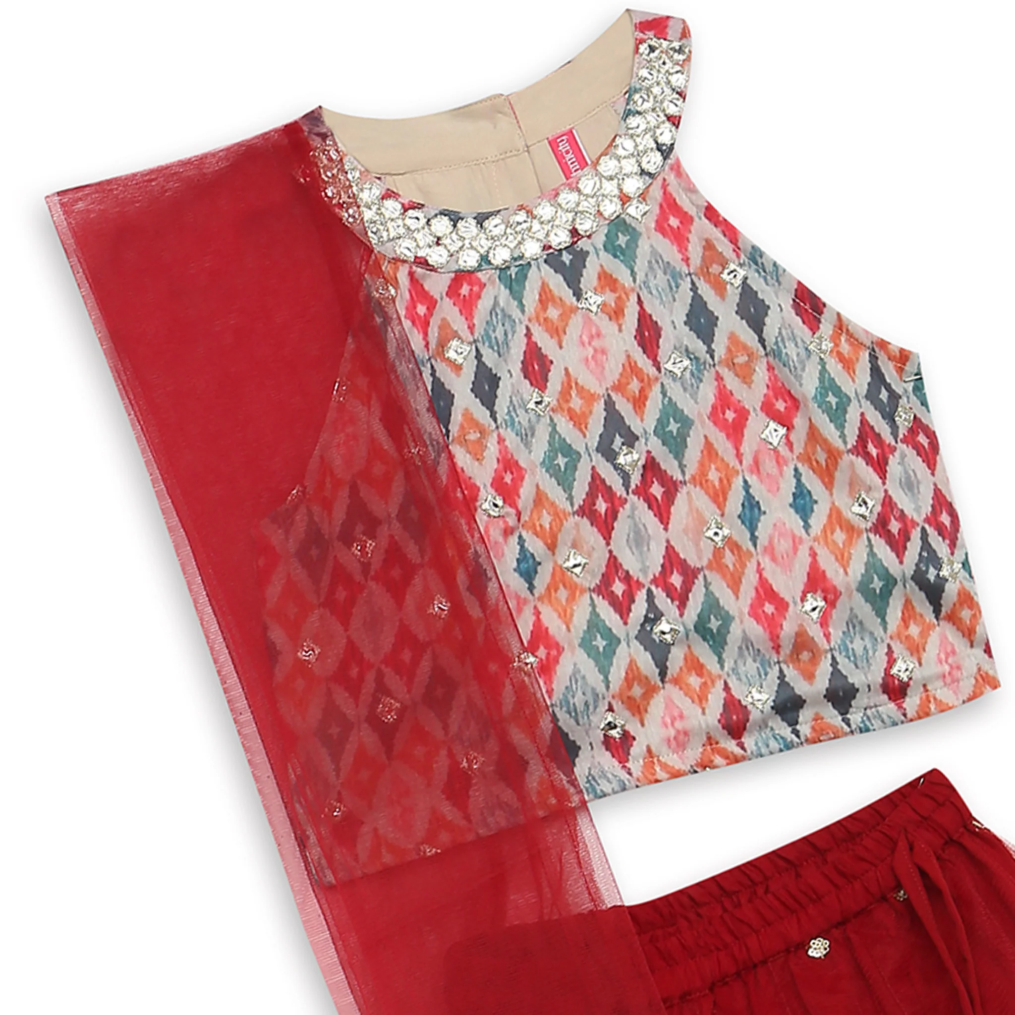Girls Regular Fit Embellished Crop Top And Skirt With Dupatta Set - Image 3