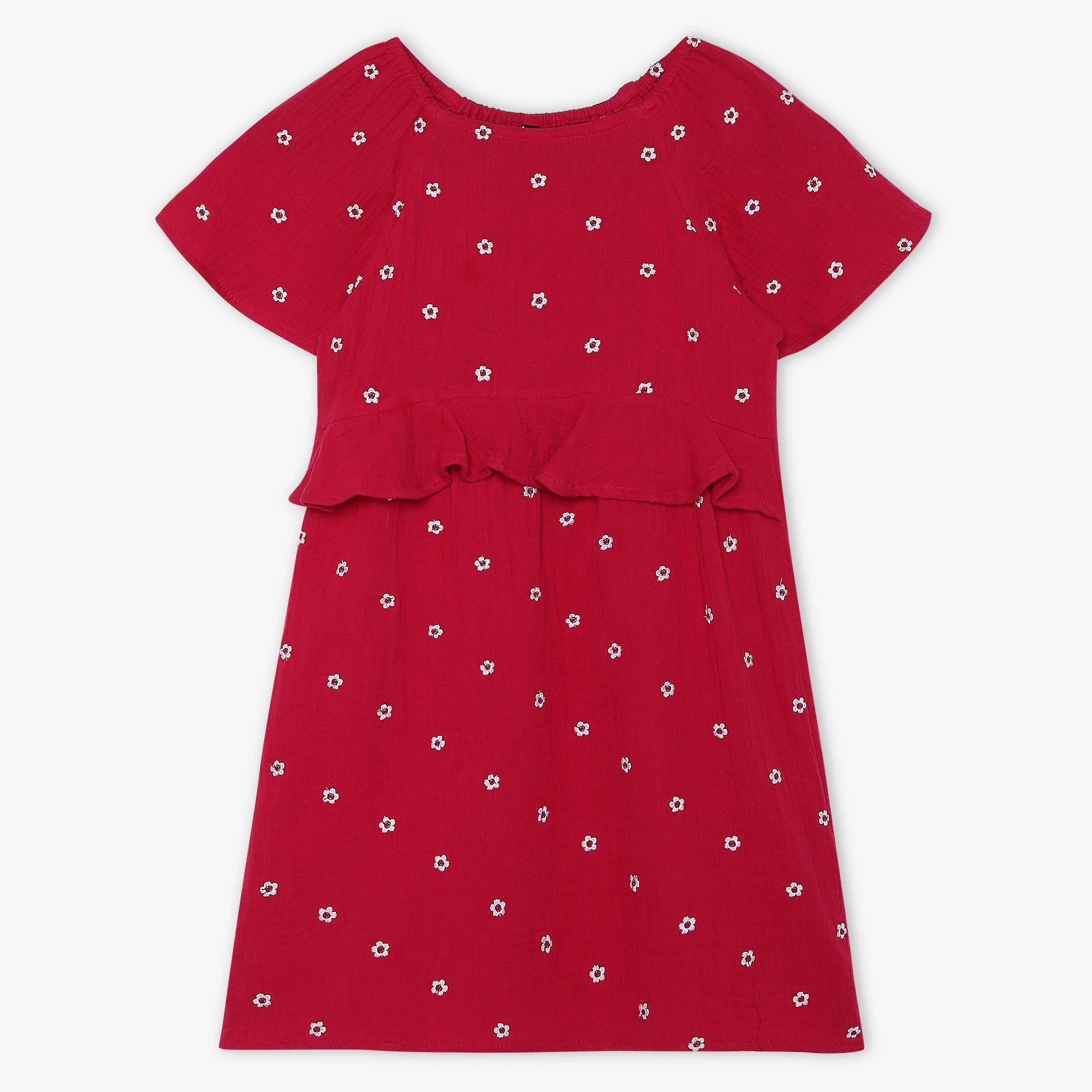 Girls Embroidered Below Knee Short Sleeve Woven Dress