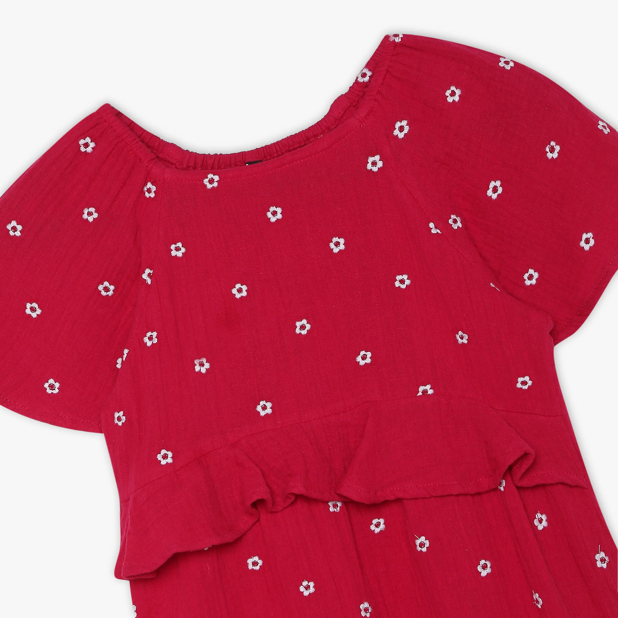 Girls Embroidered Below Knee Short Sleeve Woven Dress - Image 3