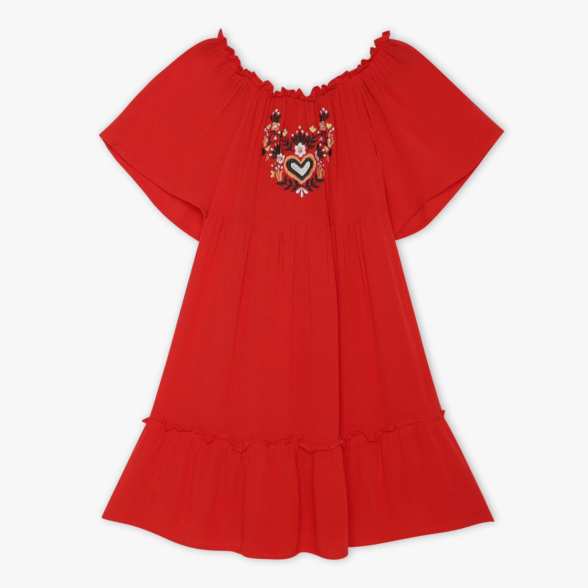 Girls Embroidered Below Knee Short Sleeve Woven Dress