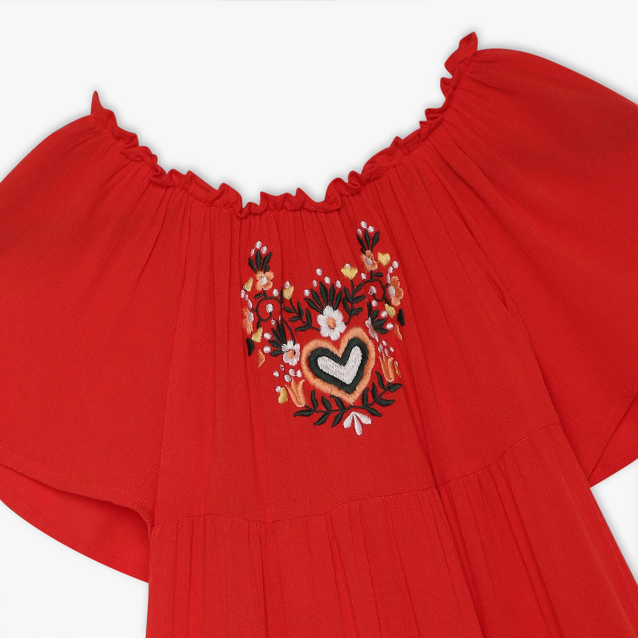 Girls Embroidered Below Knee Short Sleeve Woven Dress - Image 3