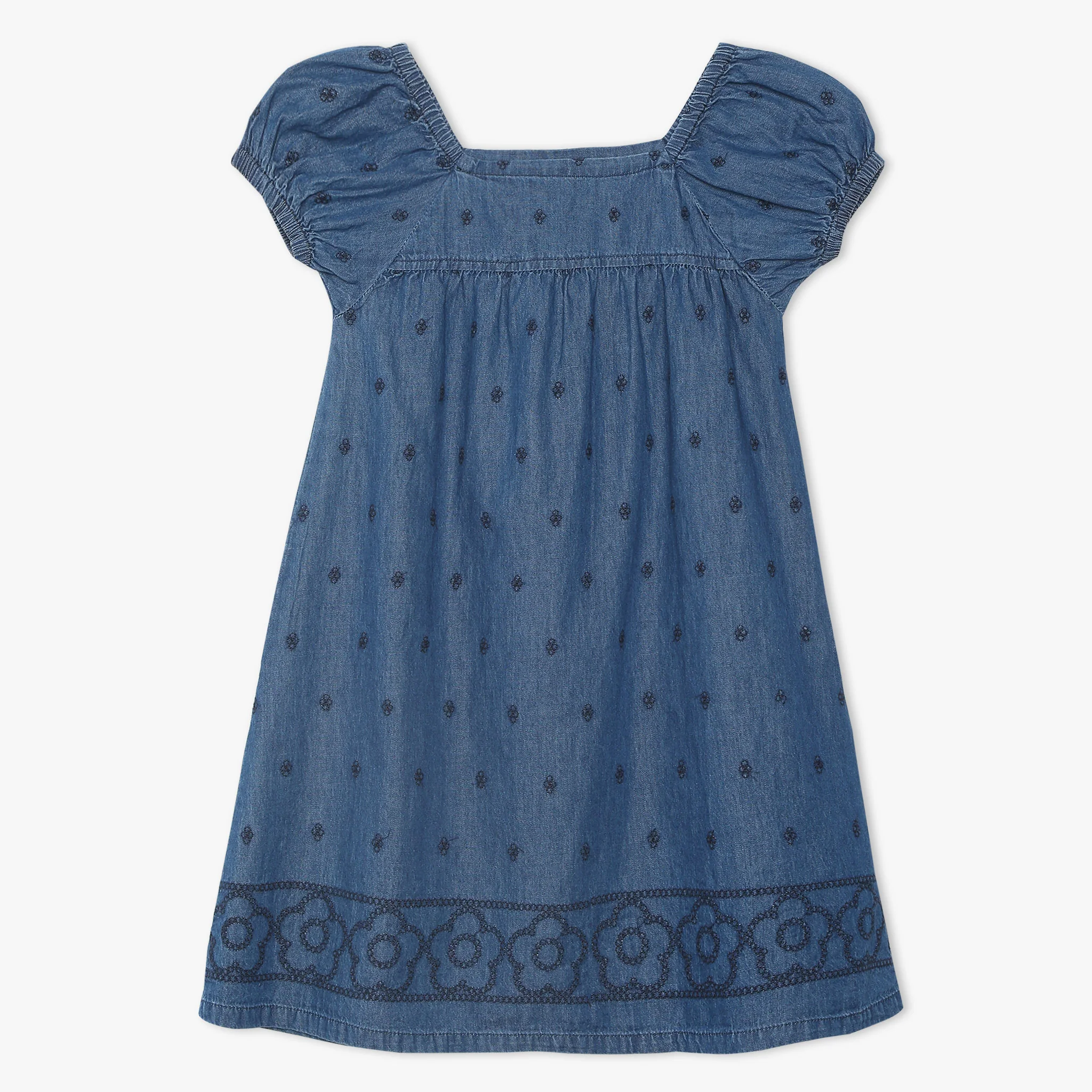 Girls Above Knee Short Sleeve Embroidered Denim Dress