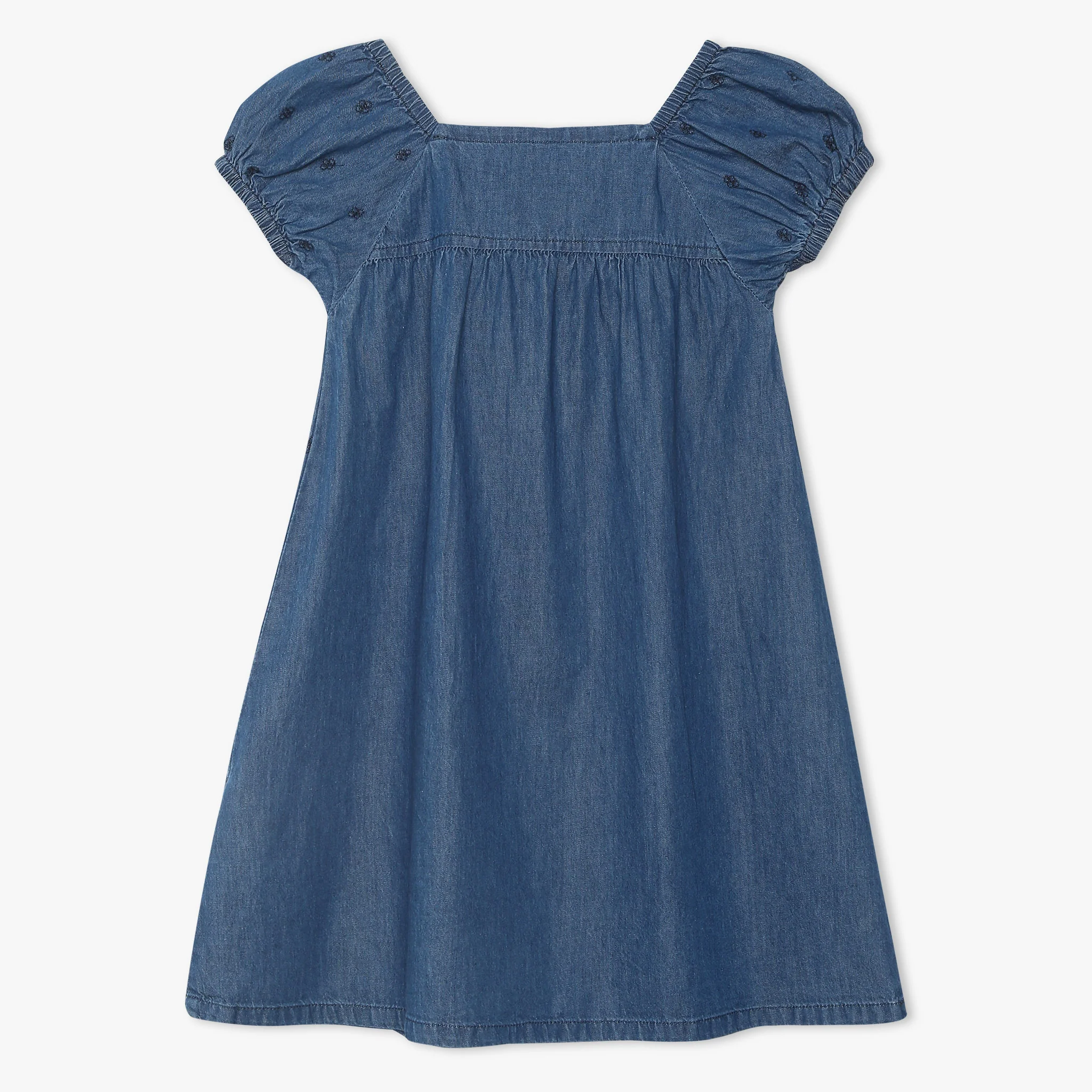 Girls Above Knee Short Sleeve Embroidered Denim Dress - Image 2