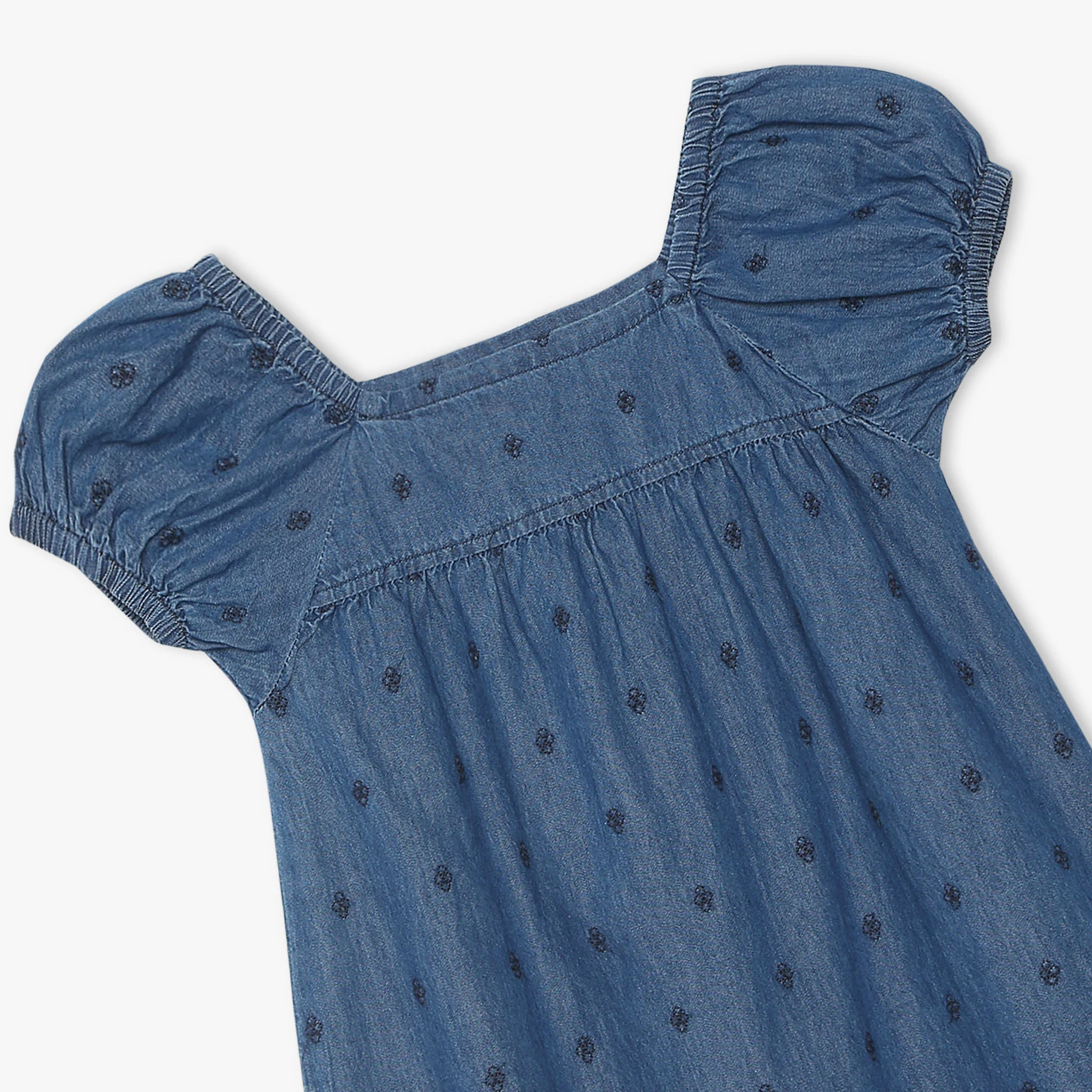 Girls Above Knee Short Sleeve Embroidered Denim Dress - Image 3