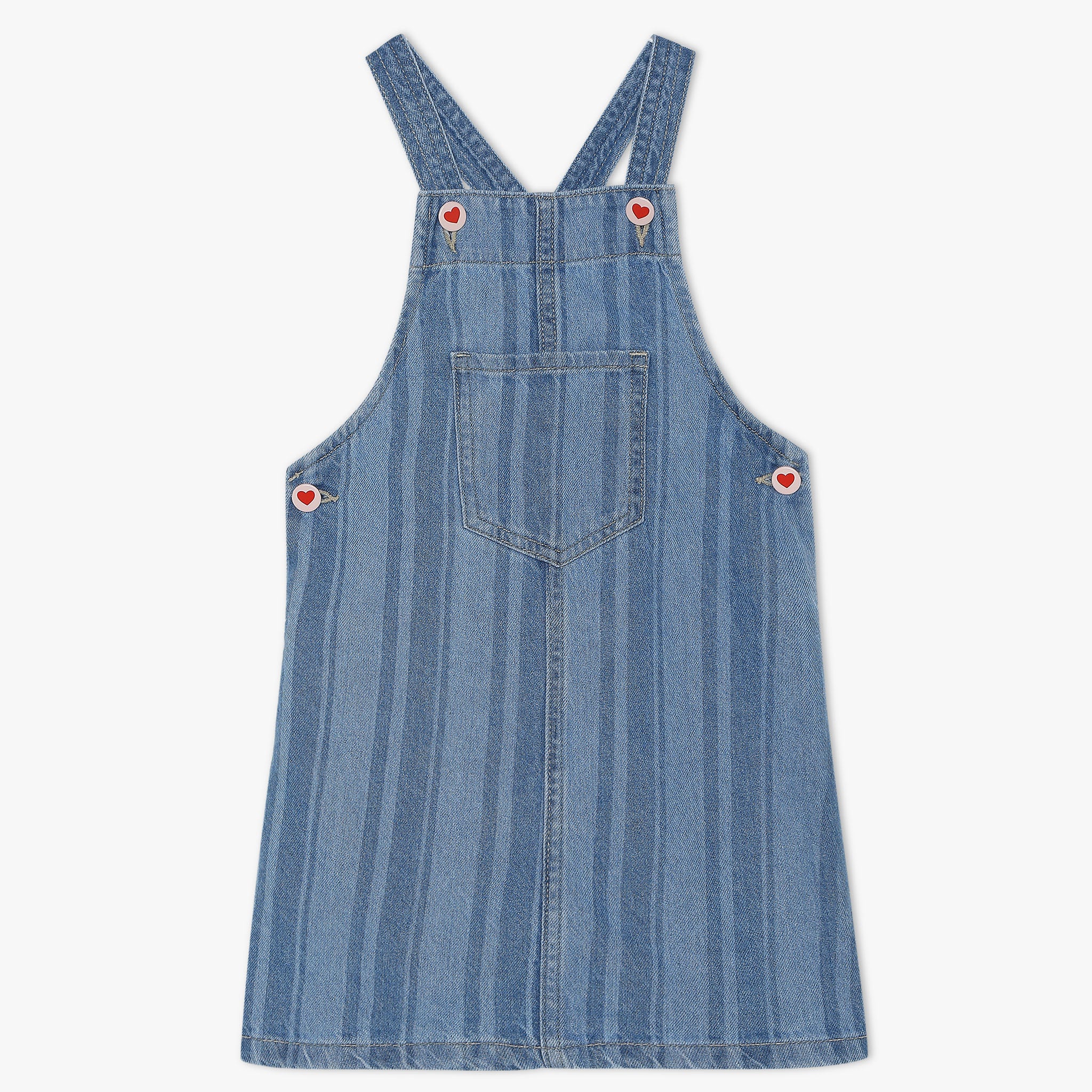 Girls A-Line Stripe Laser Print Above Knee Square Neck Sleeveless Pinafore Denim Dress With Front Patch Pockets