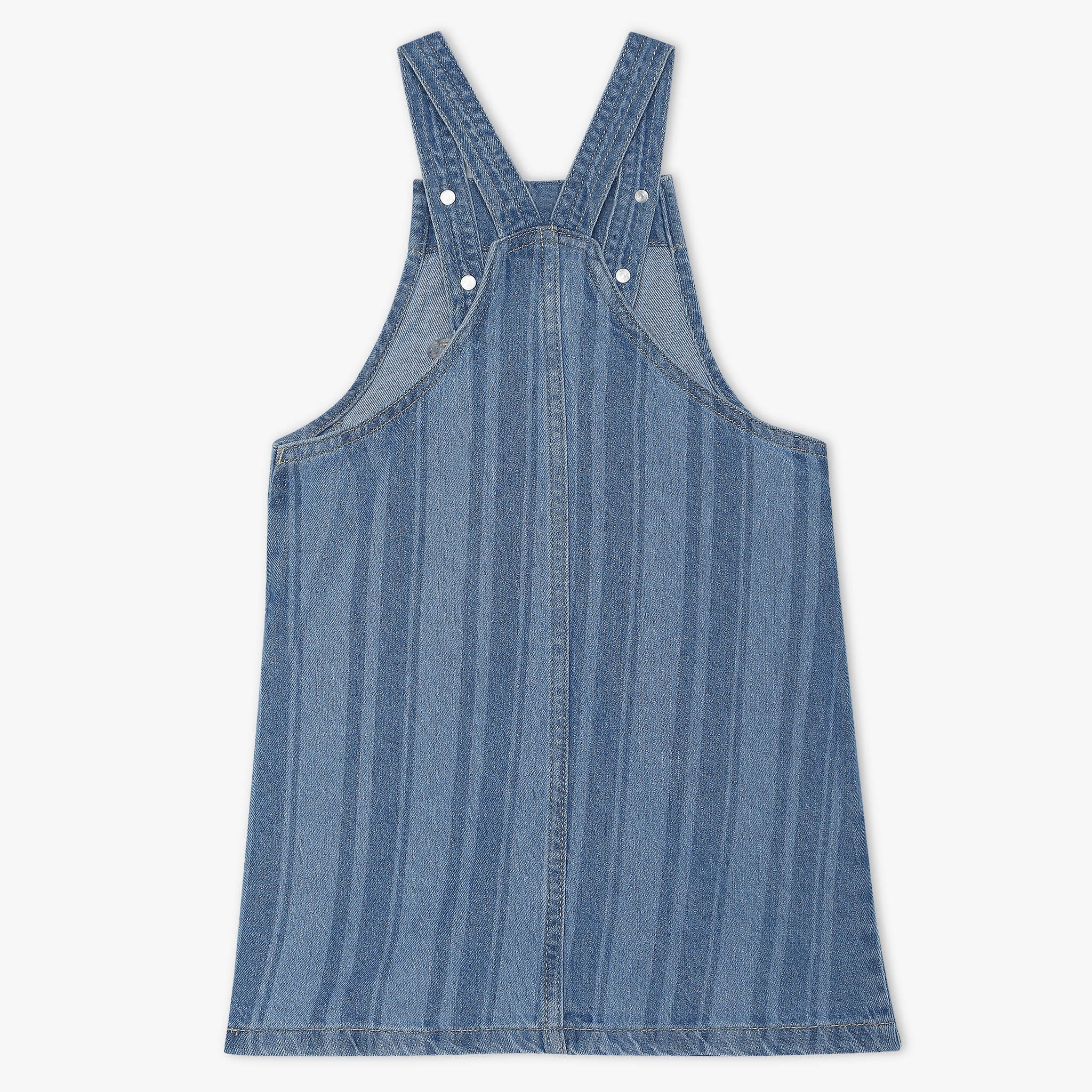 Girls A-Line Stripe Laser Print Above Knee Square Neck Sleeveless Pinafore Denim Dress With Front Patch Pockets - Image 2