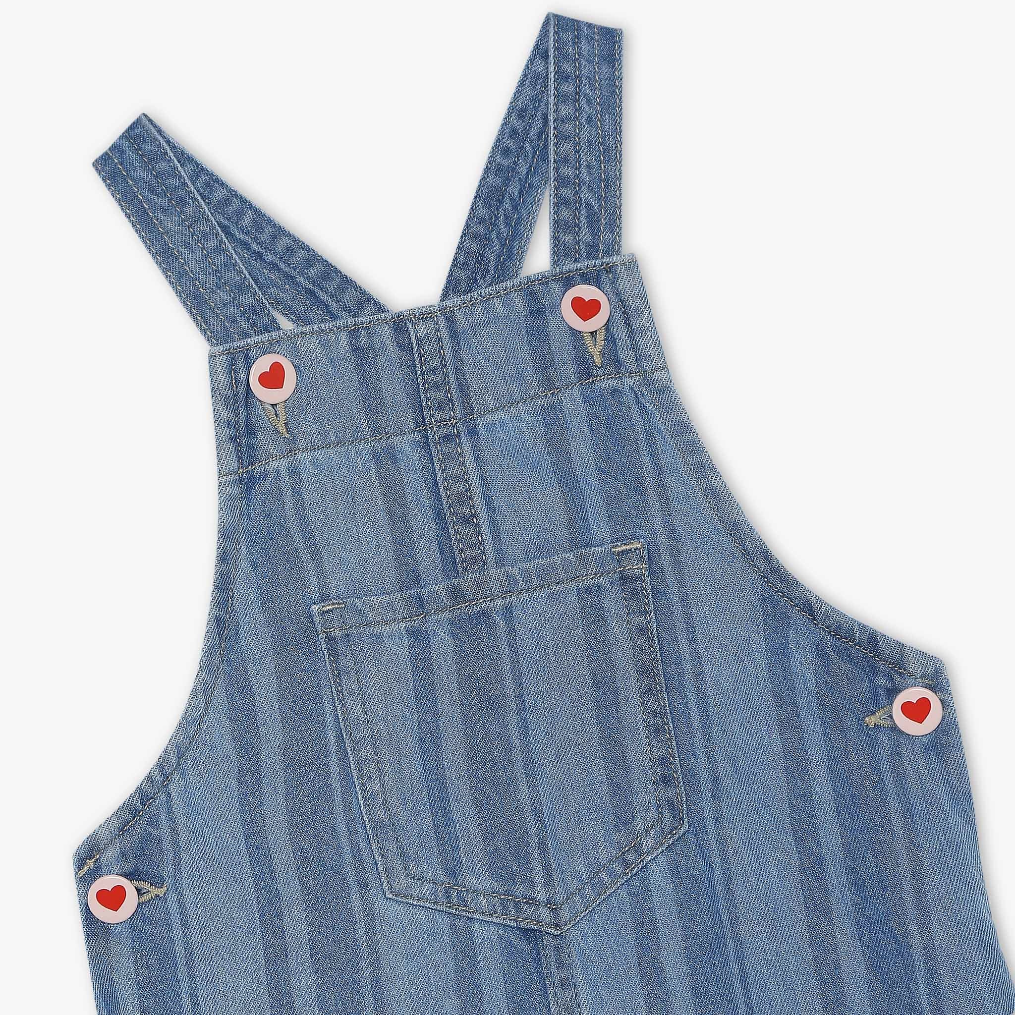 Girls A-Line Stripe Laser Print Above Knee Square Neck Sleeveless Pinafore Denim Dress With Front Patch Pockets - Image 3