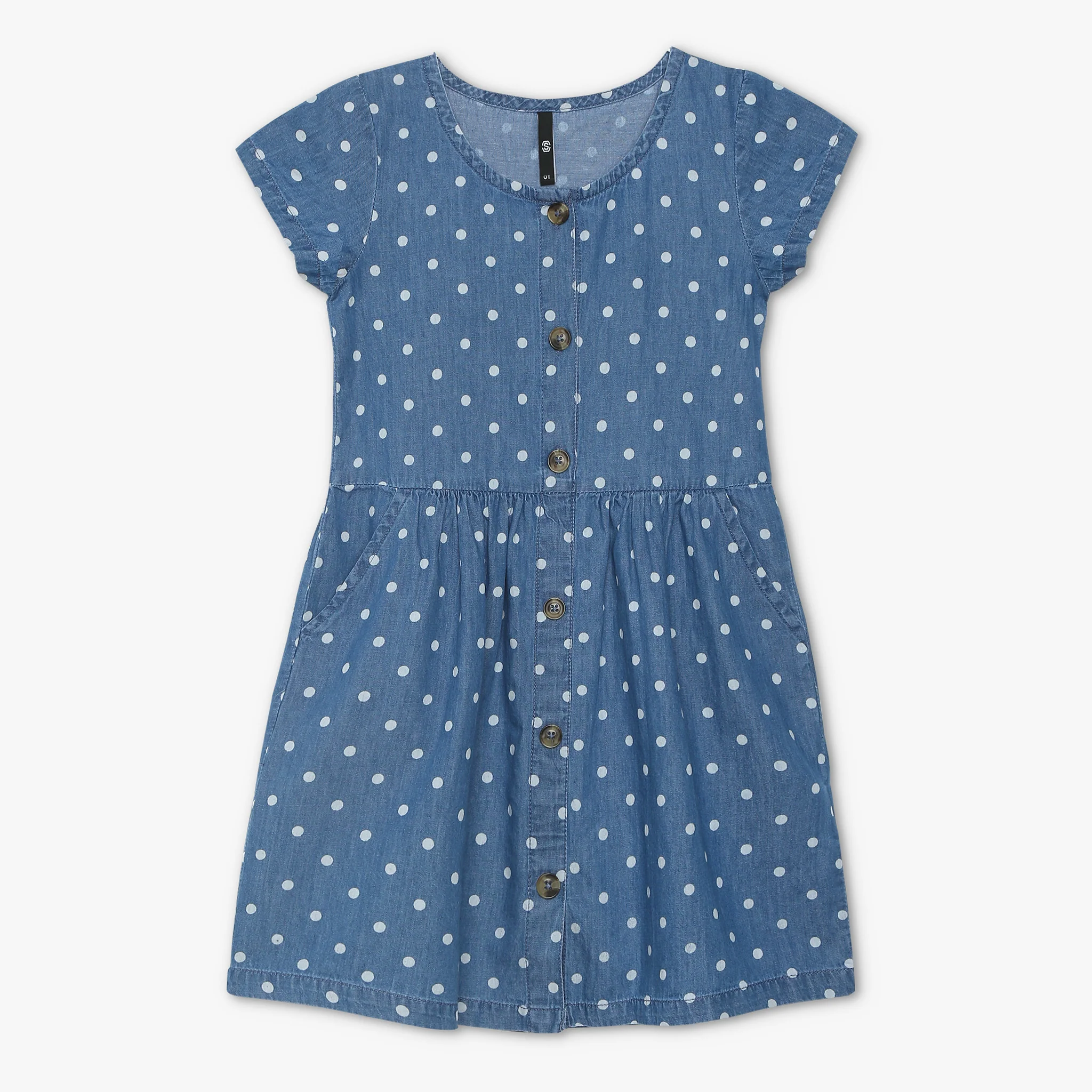 Girls Above Knee Short Sleeve Polka Dot Denim Dress