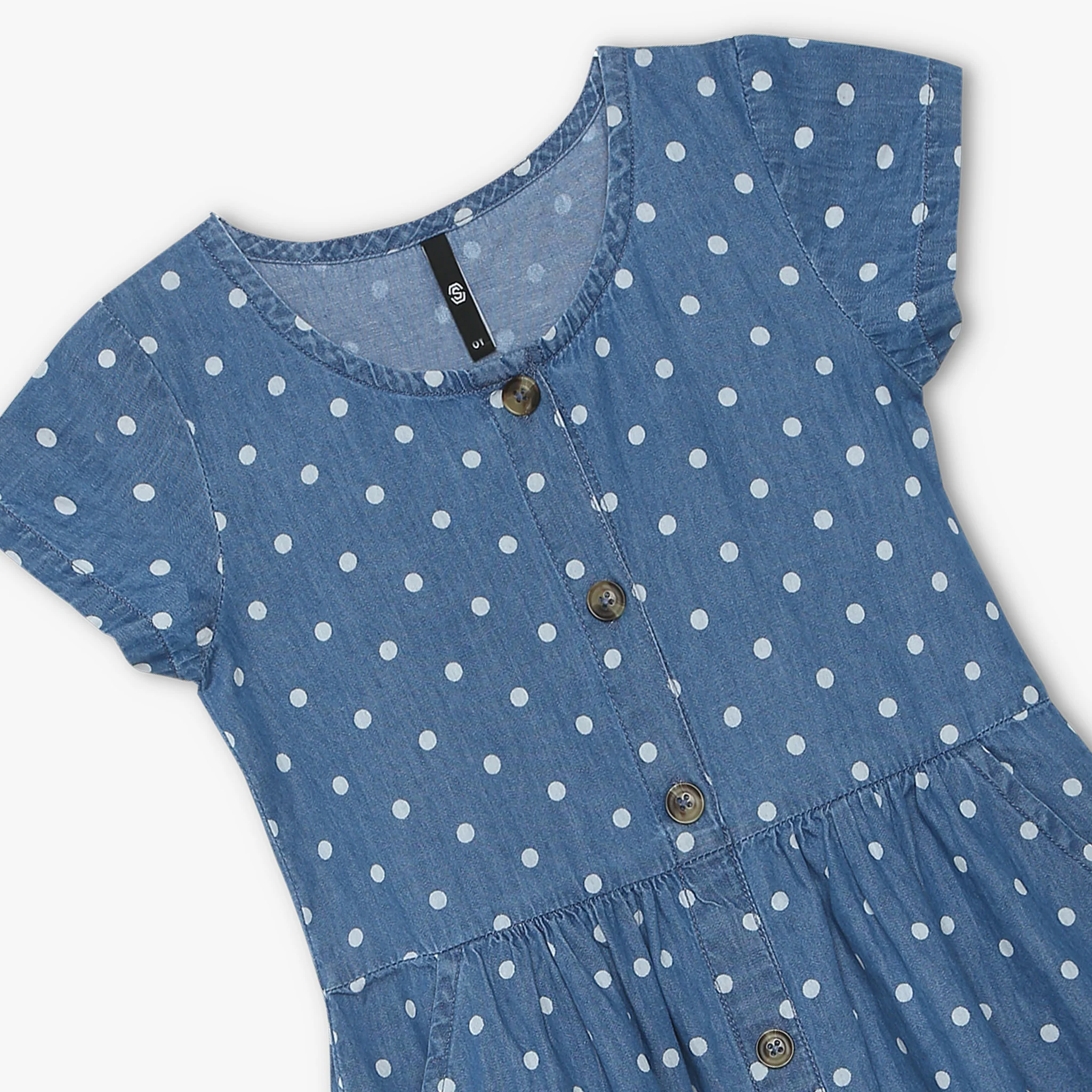 Girls Above Knee Short Sleeve Polka Dot Denim Dress - Image 3