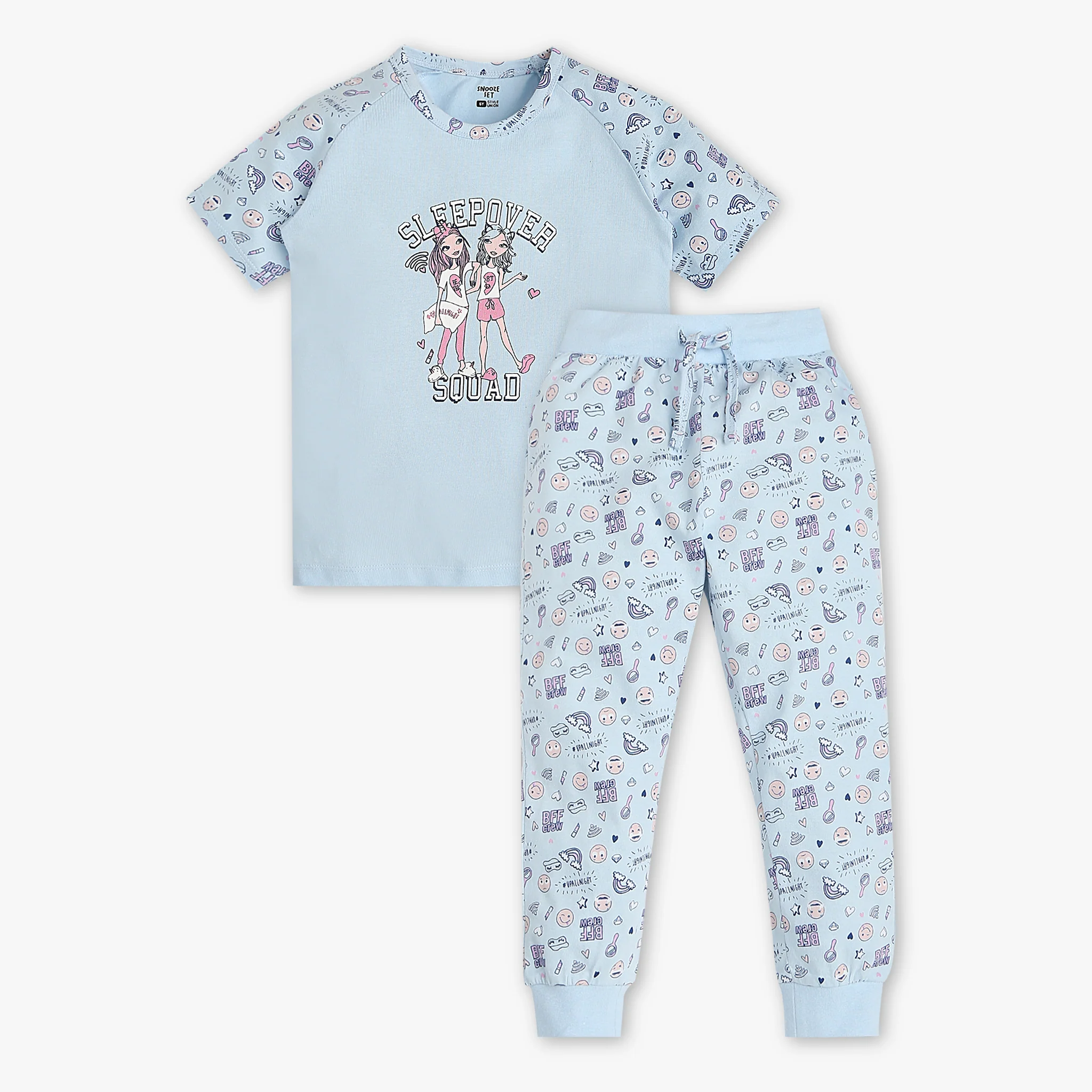 Girls Crew Neck Printed Snooze Co-Ordinate T-Shirt With Trackpants Sleepwear Sets