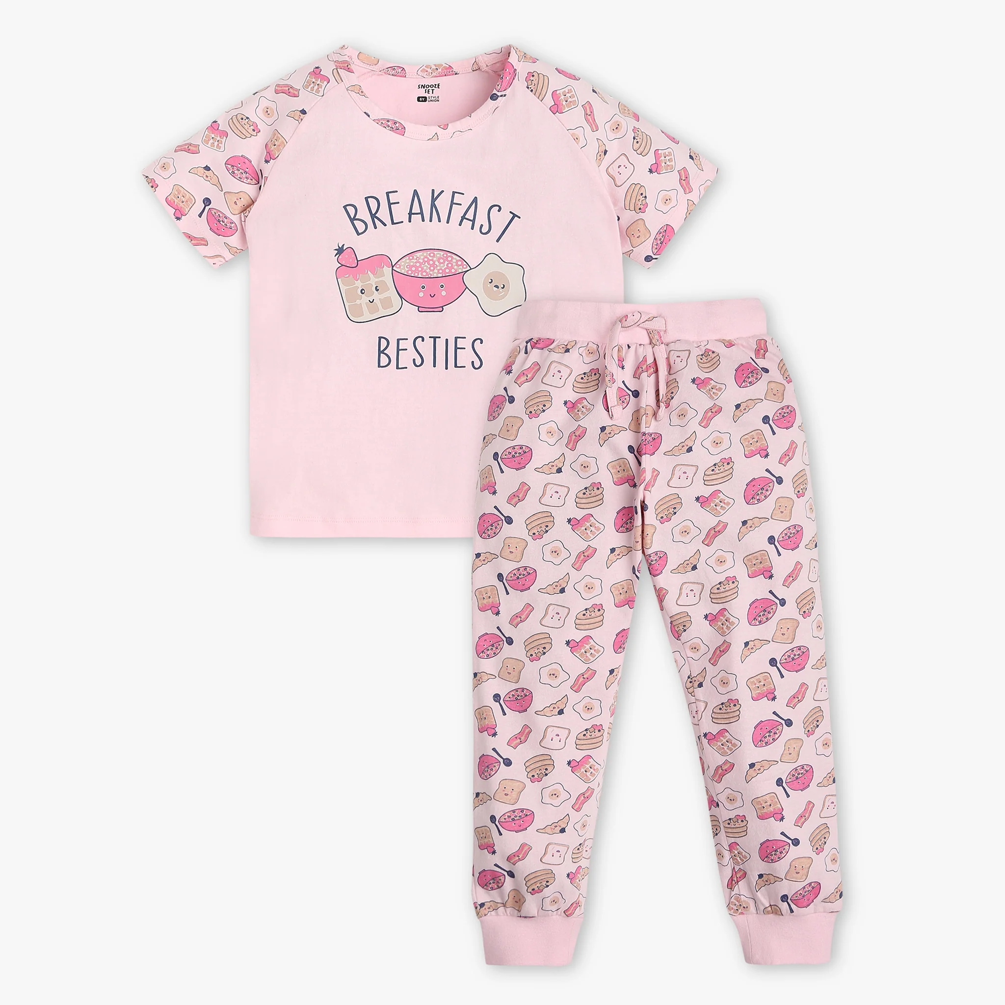 Girls Crew Neck Printed Snooze Co-Ordinate T-Shirt With Trackpants Sleepwear Sets