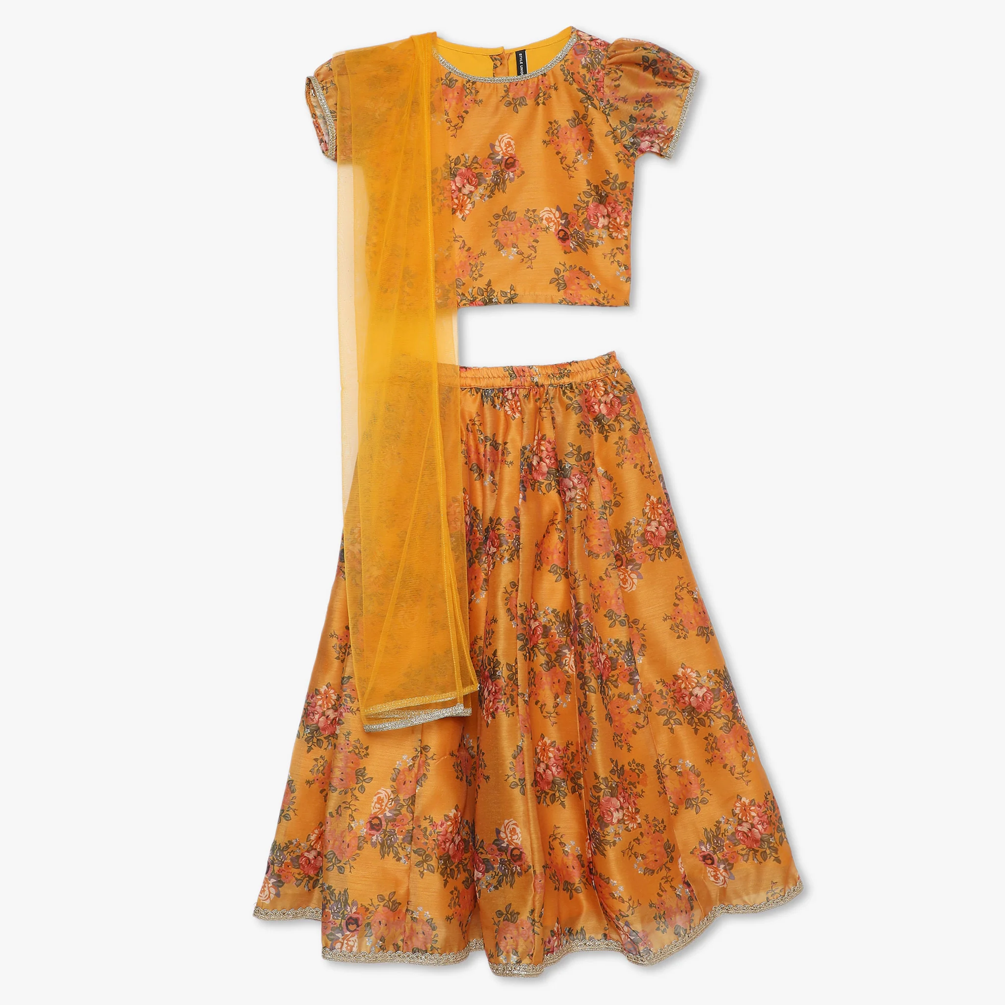 Girls Regular Fit Printed Crop Top And Skirt With Dupatta Set
