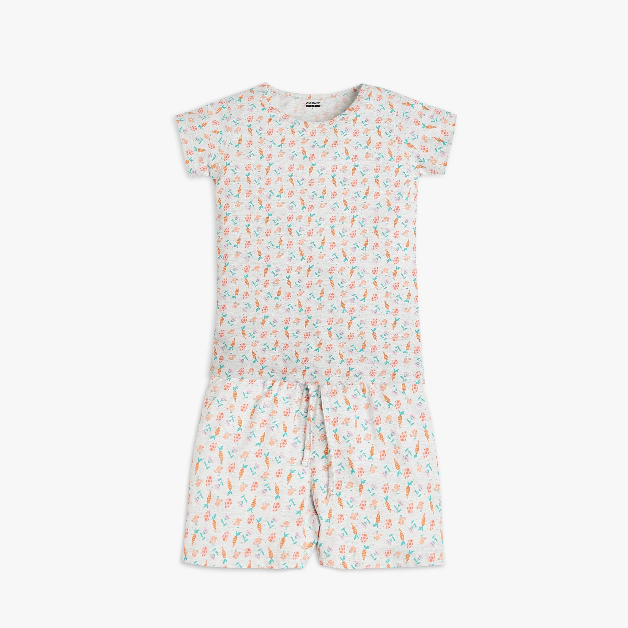Girl's Knitted Printed T-Shirt With Shorts Sleepwear Set