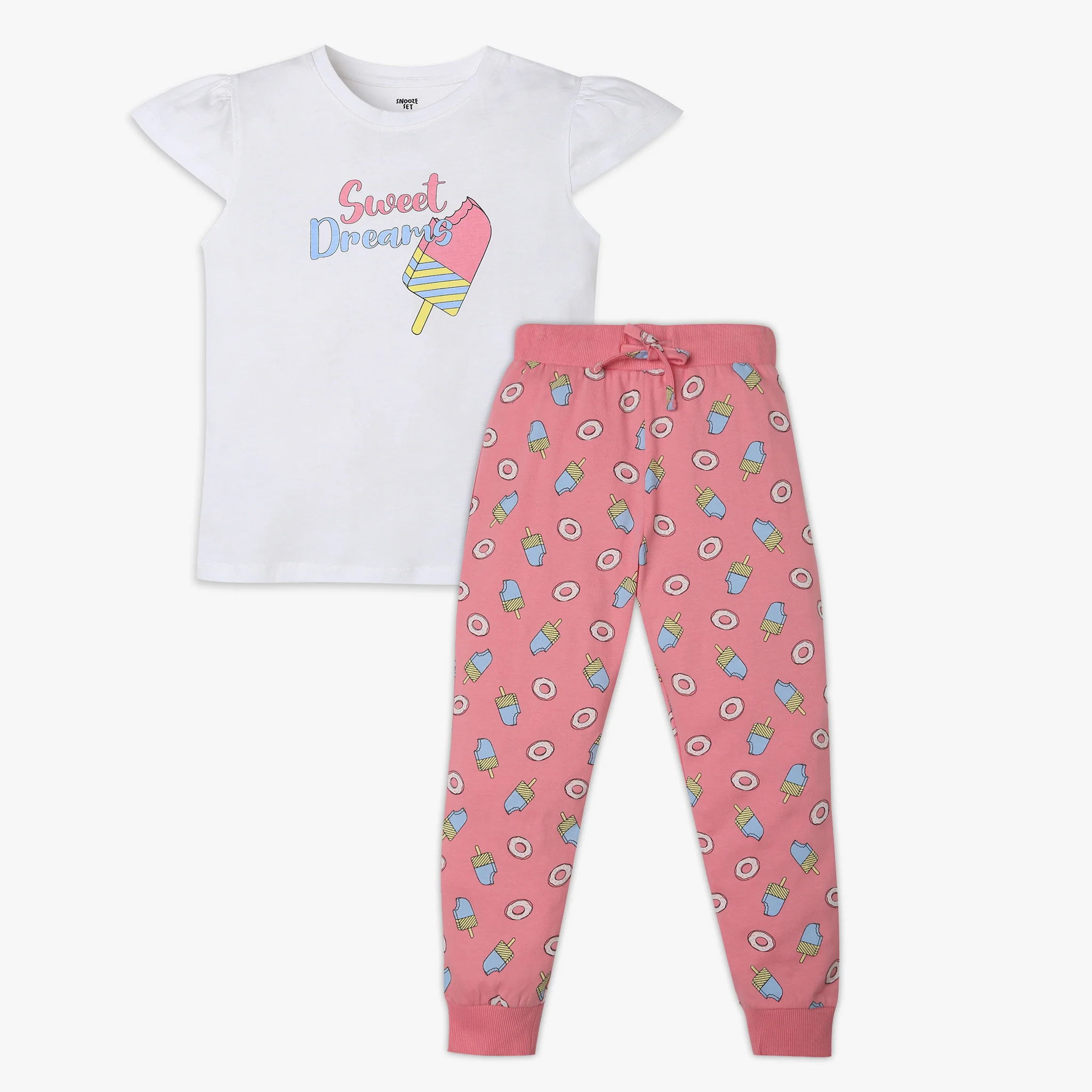Girls Knitted Printed T-Shirt With Trackpant Sleepwear Set