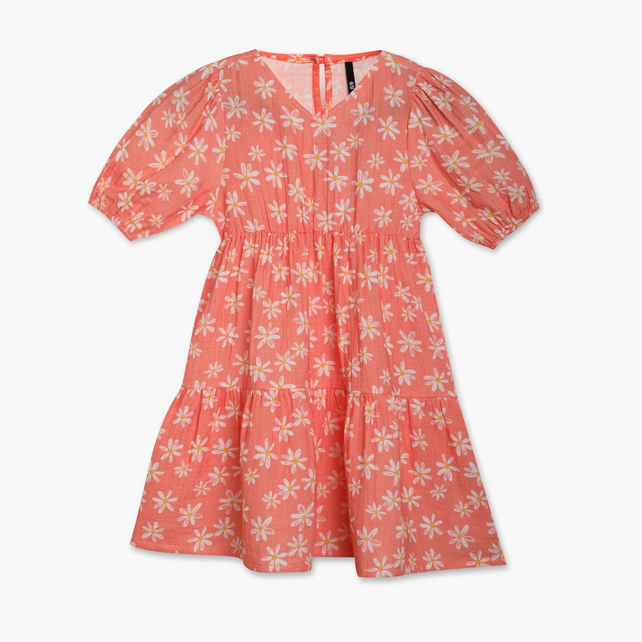 Girls Printed Below Knee V-Neck Short Sleeve Dress