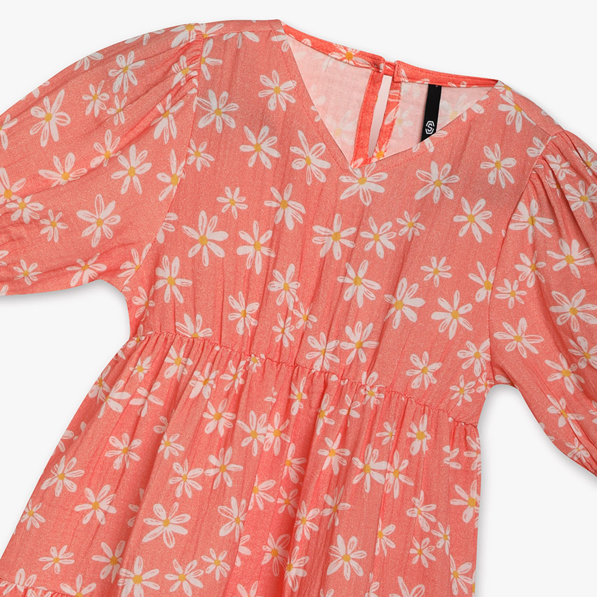 Girls Printed Below Knee V-Neck Short Sleeve Dress - Image 3