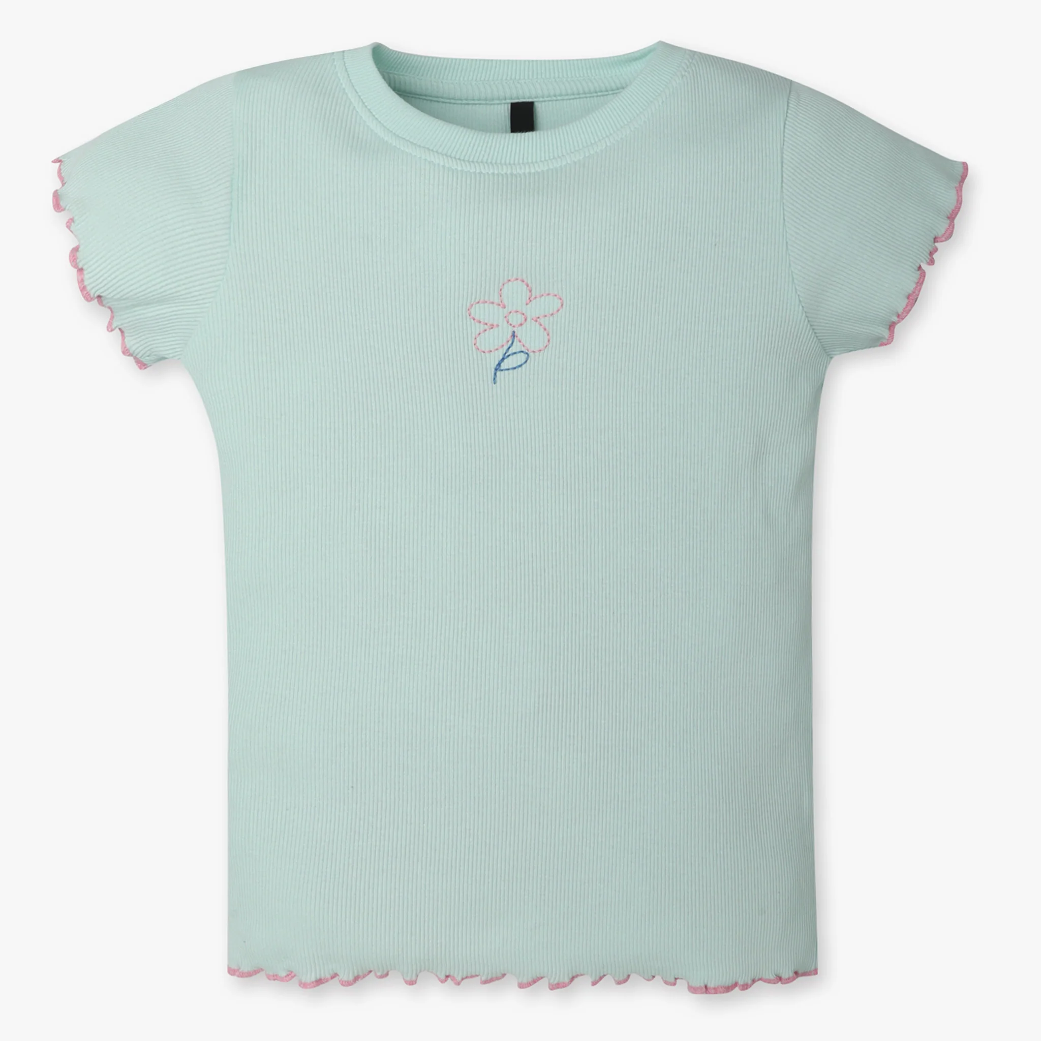 Girls Solid Crew Neck Short Sleeve Cute Cut-Out Embroidred Rib T-Shirt
