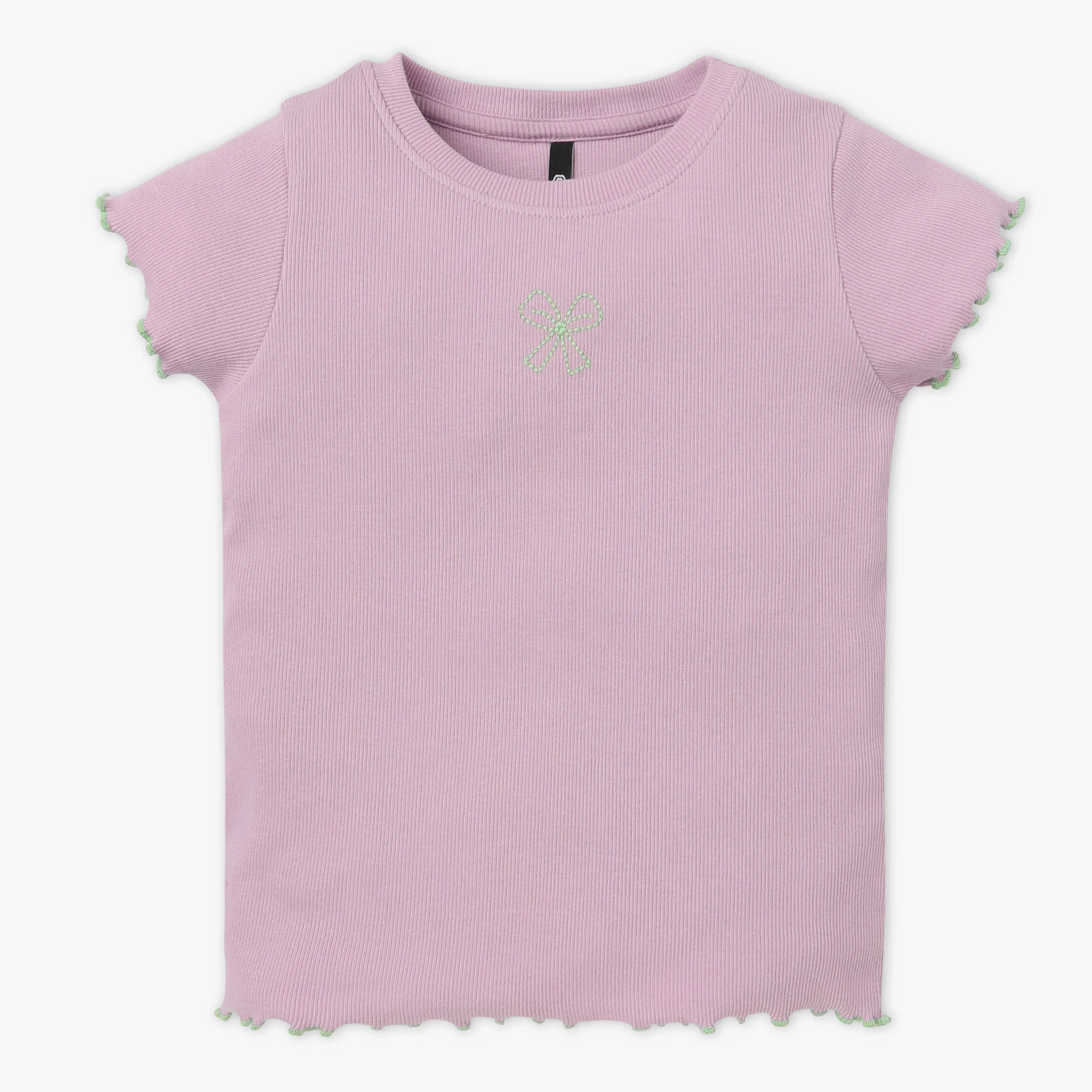 Girls Solid Crew Neck Short Sleeve Cute Cut-Out Embroidred Rib T-Shirt - Image 4