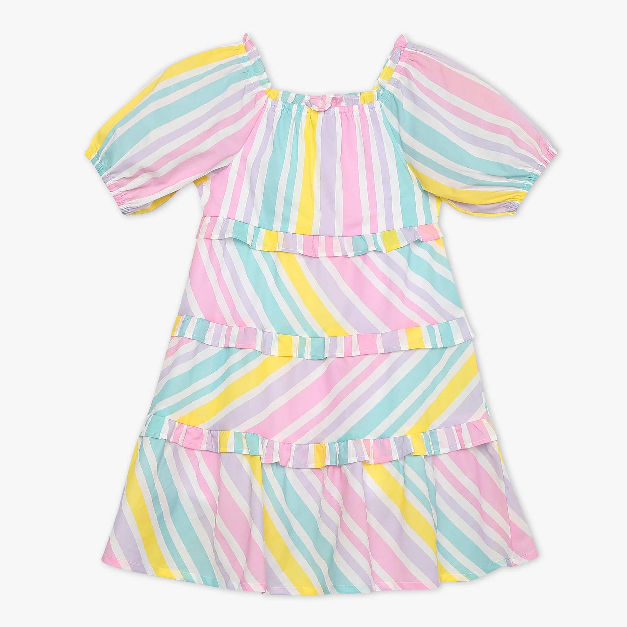 Girls Square Neck Sleeveless Striped Dress