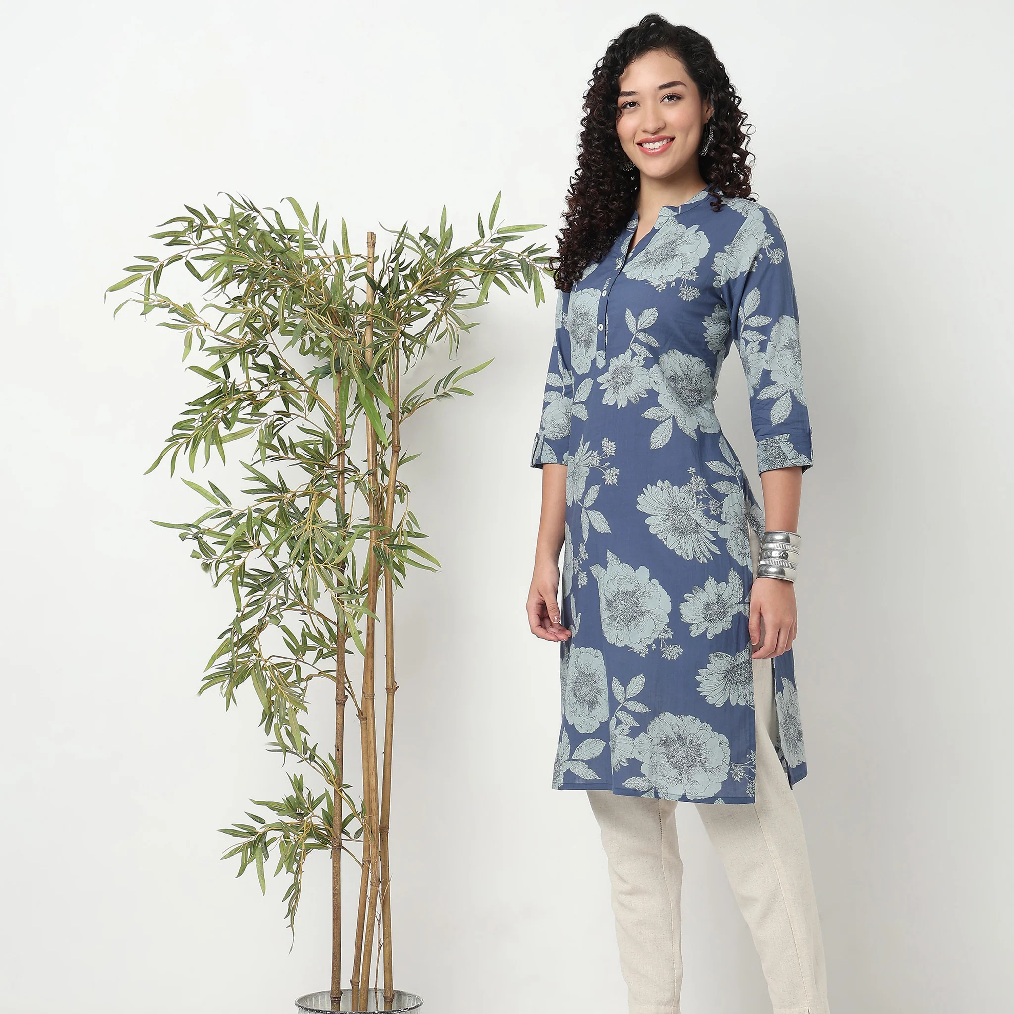 Printed Half Placket Long Kurta