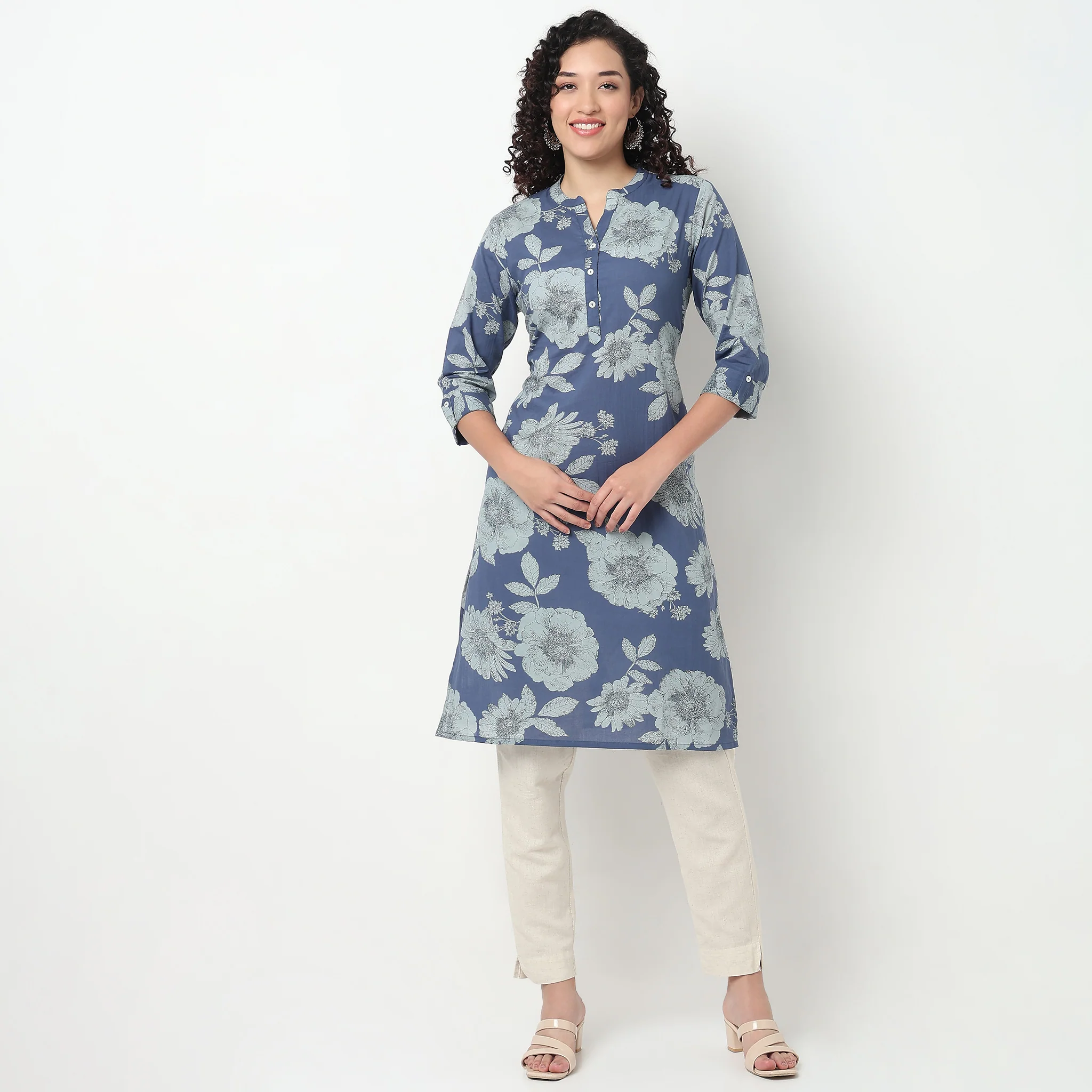 Printed Half Placket Long Kurta - Image 2