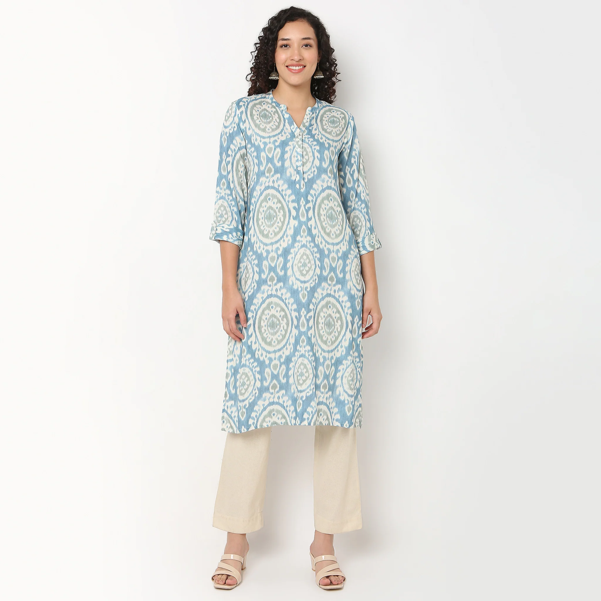 Printed Half Placket Long Kurta - Image 2