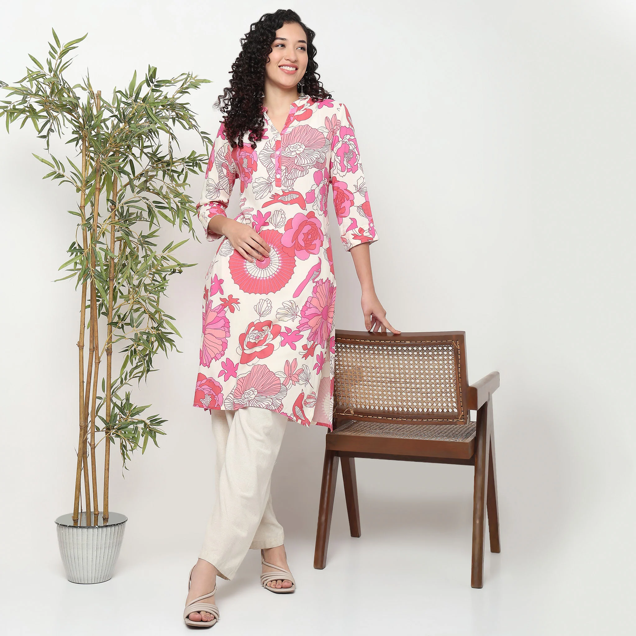 Printed Half Placket Long Kurta