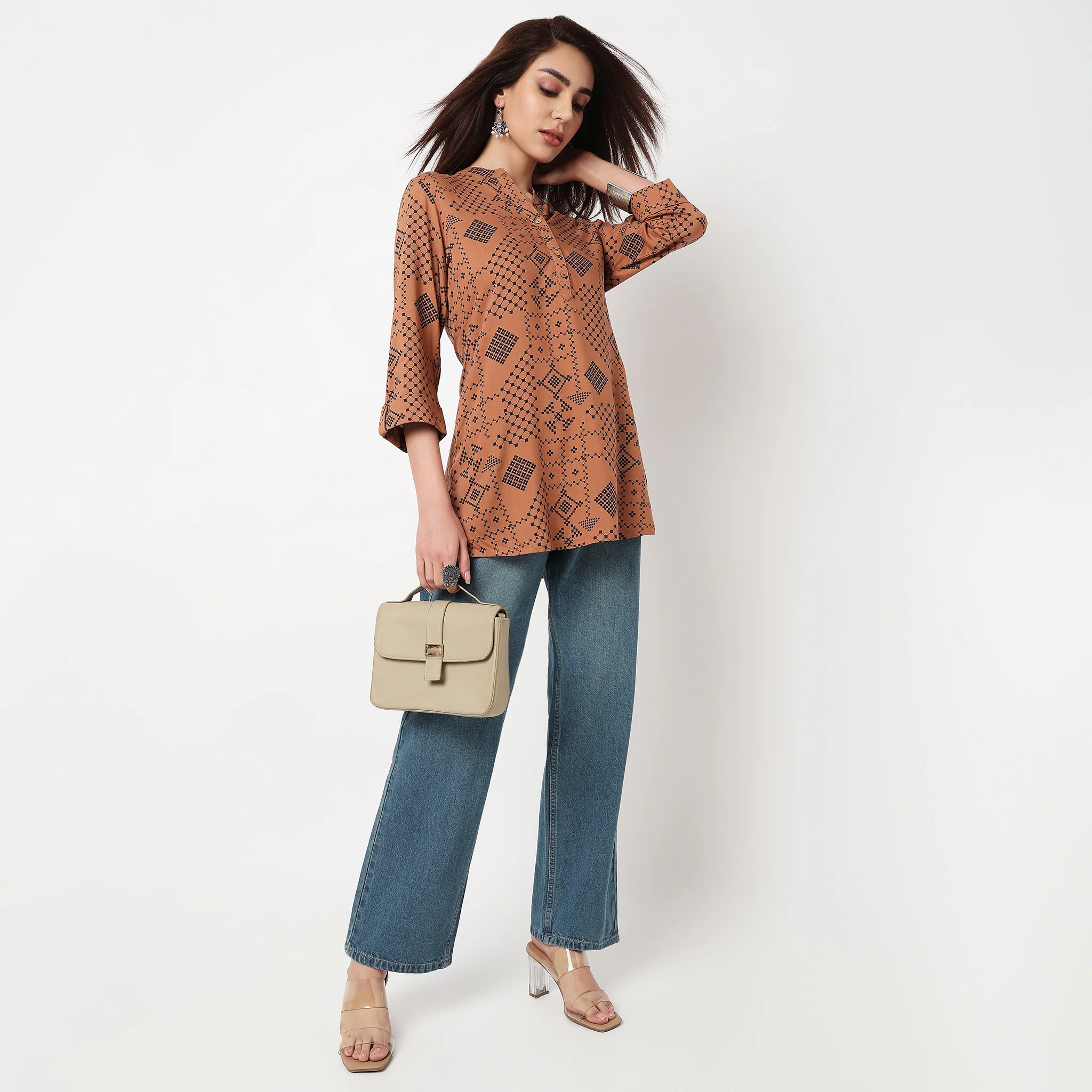 Half Placket Printed Short Kurta