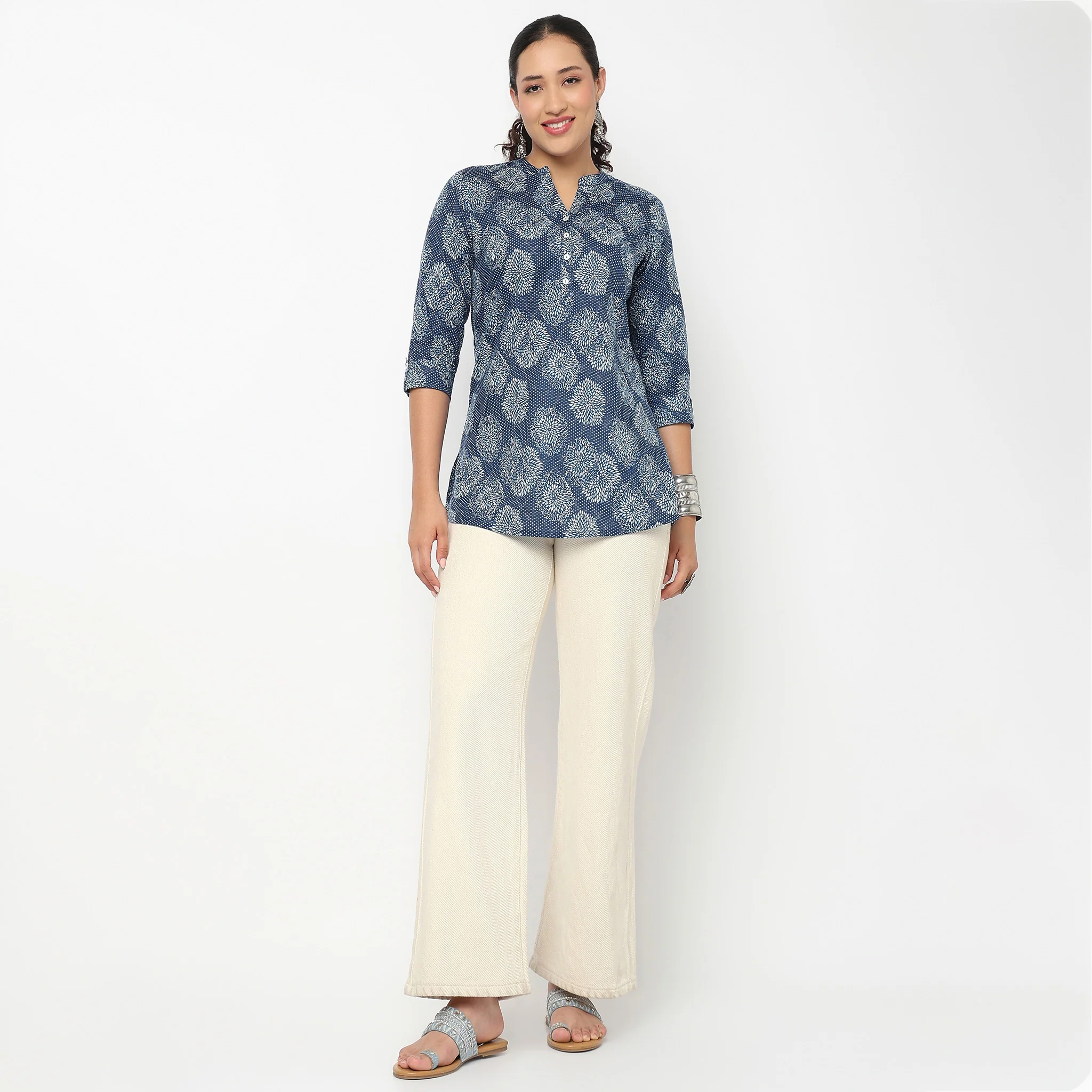 Half Placket Printed Short Kurti