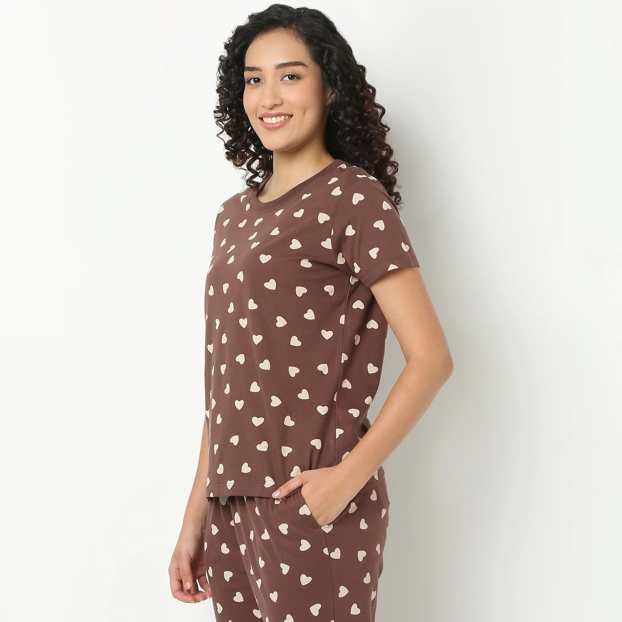 Heart Print Crew Neck Loungewear T-Shirt - Image 5