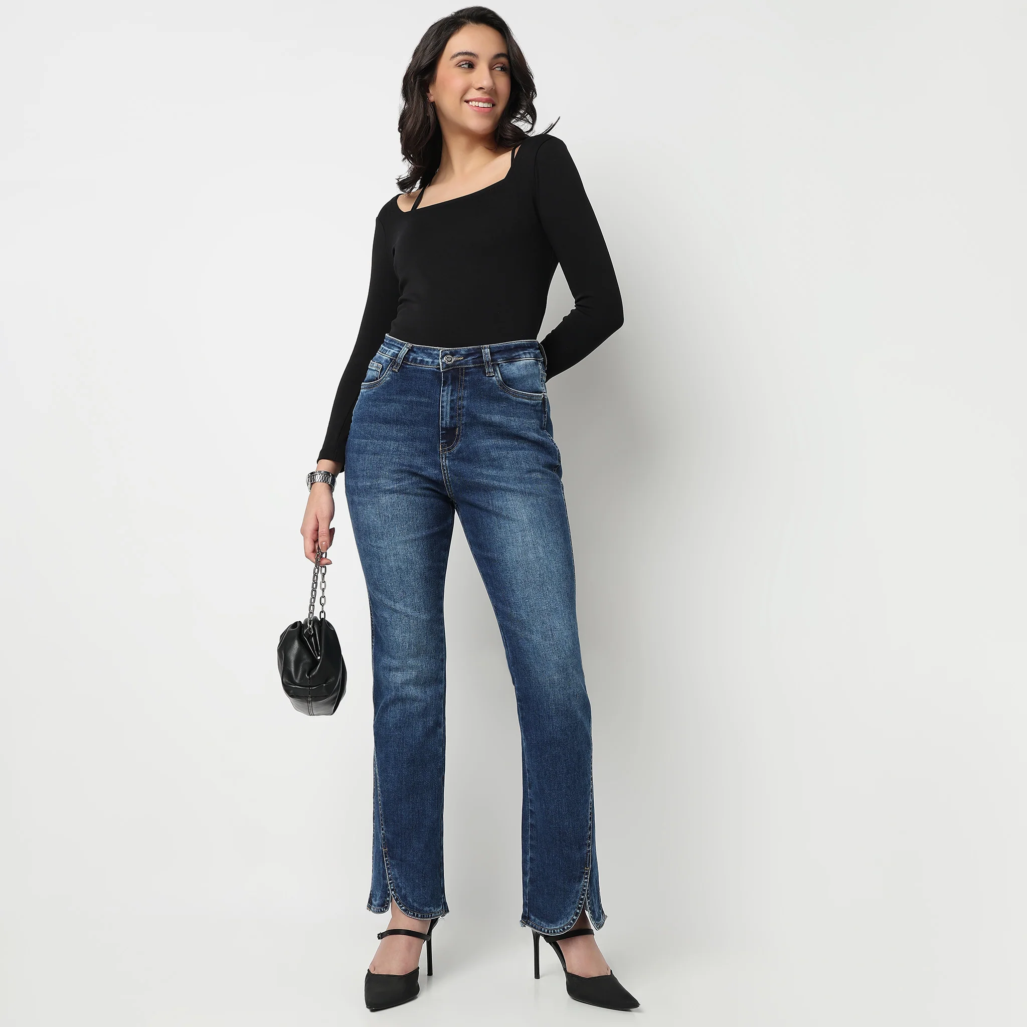 High Rise Bootcut Round Slit Bottom Denim