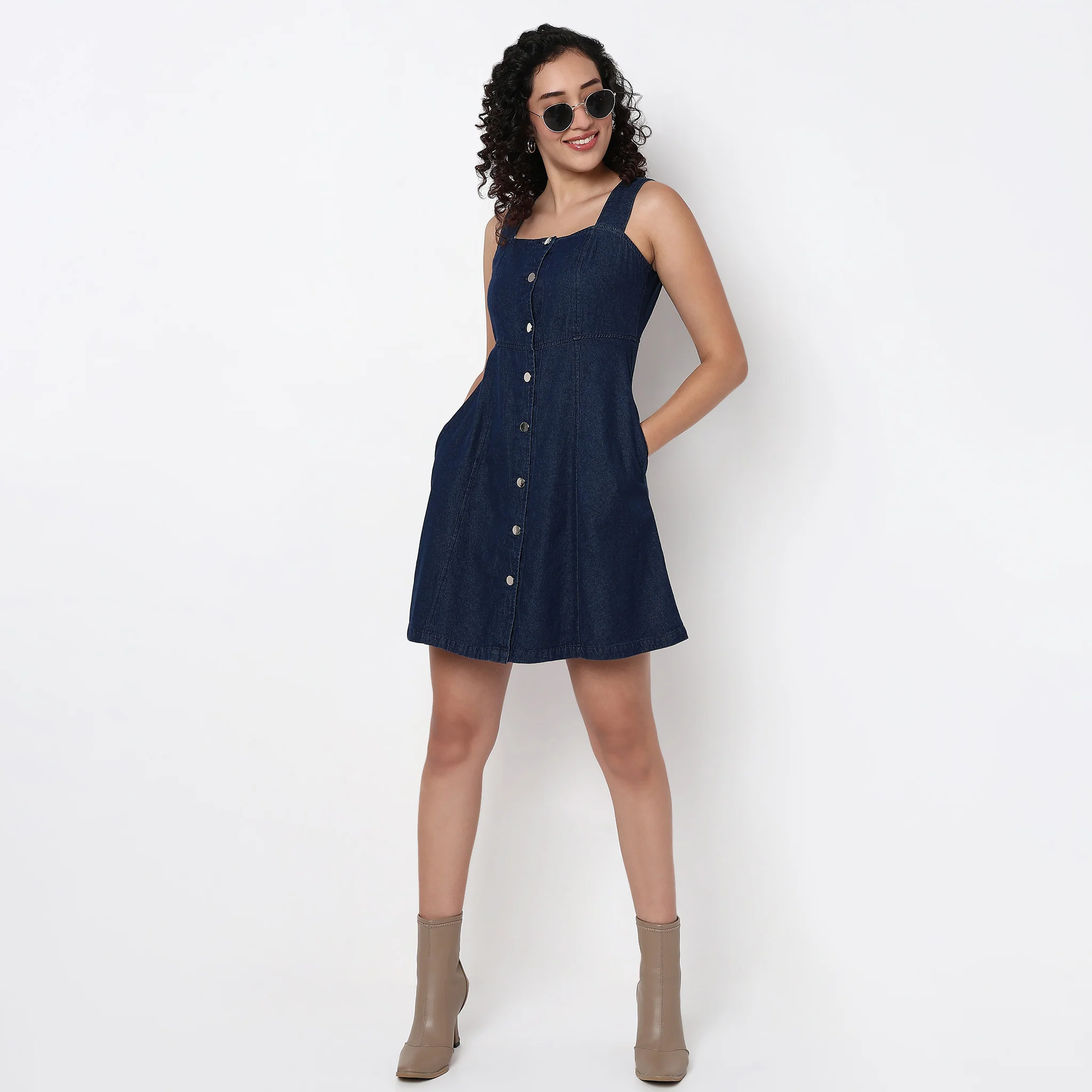 Indigo Denim  Dress With Button Look
